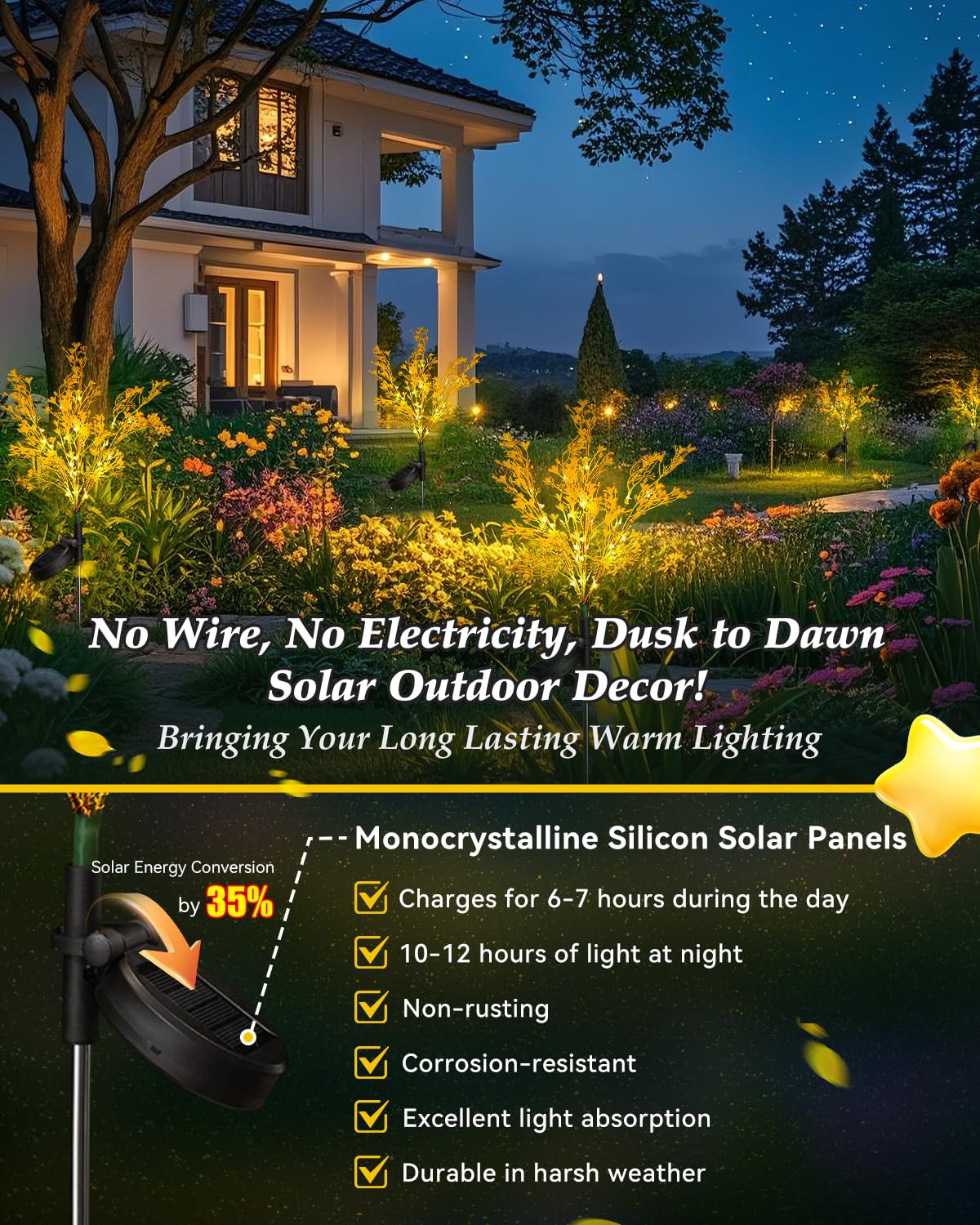 Neporal Solar Flowers Lights, 6PK, Waterproof 7-Stems, Golden Plastic, Outdoor Garden Decor