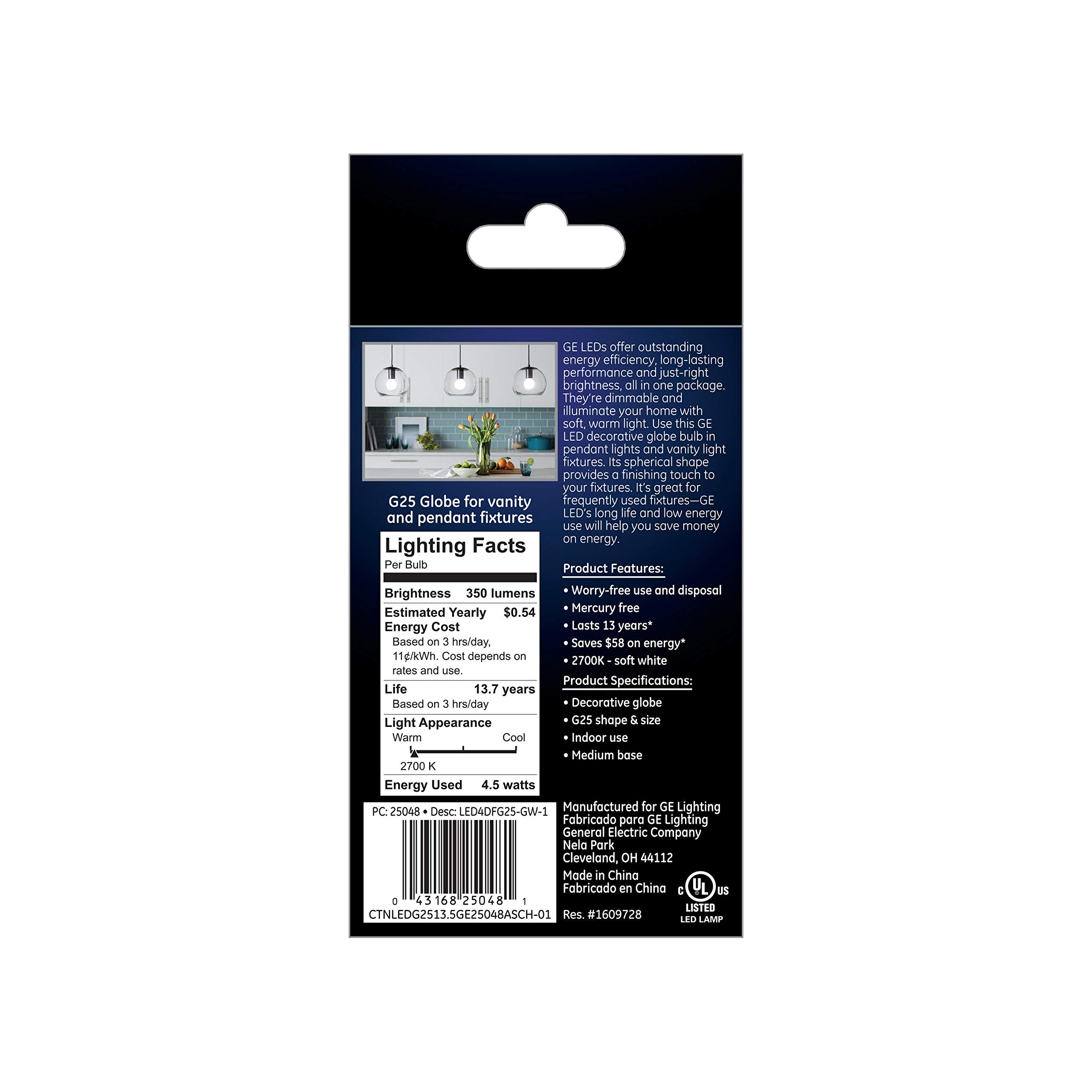 Ge Dimmable Led G25 Light Bulb, 40W Replacement, Frosted White, 350 Lumen, Glass, 1 Count, Energy-Star Rated, Model 25048