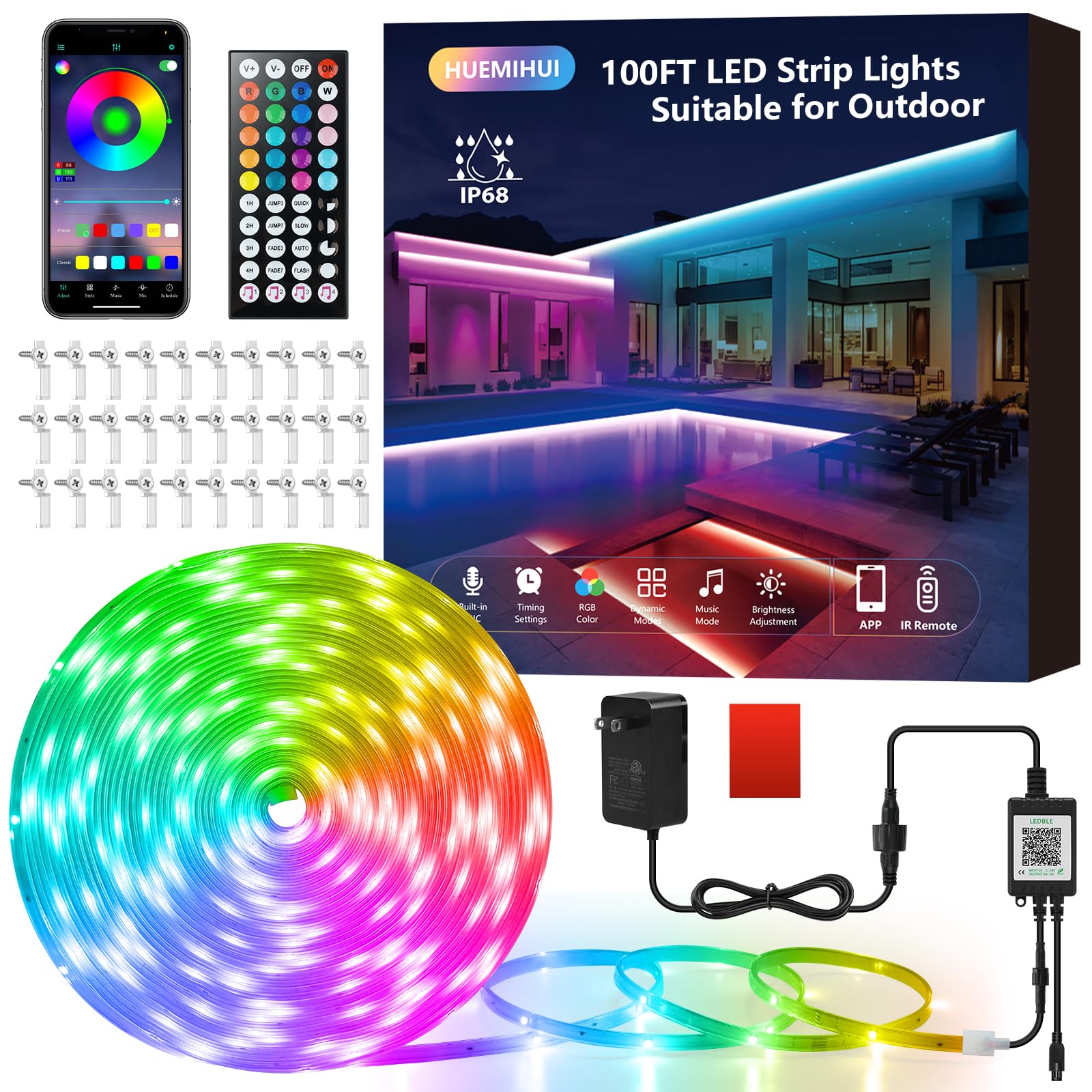 HUEMIHUI 100Ft Outdoor LED Strip Lights, Waterproof IP68, RGB Color Changing, Flexible PVC, with IR Remote & APP, Model HUEMIHUI-1