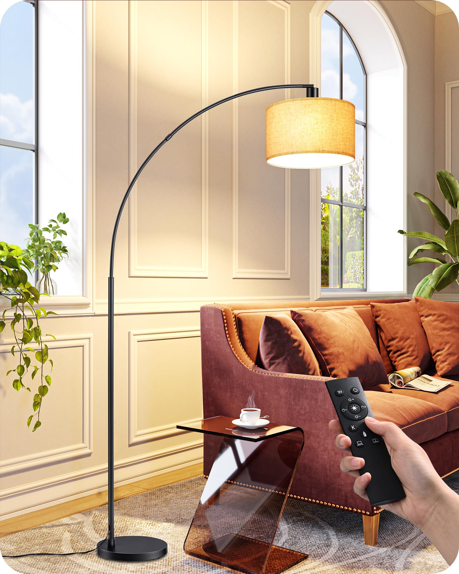 EDISHINE Dimmable Arc Floor Lamp with Remote, 78.3in, Metal, Black, Model HFLK04X