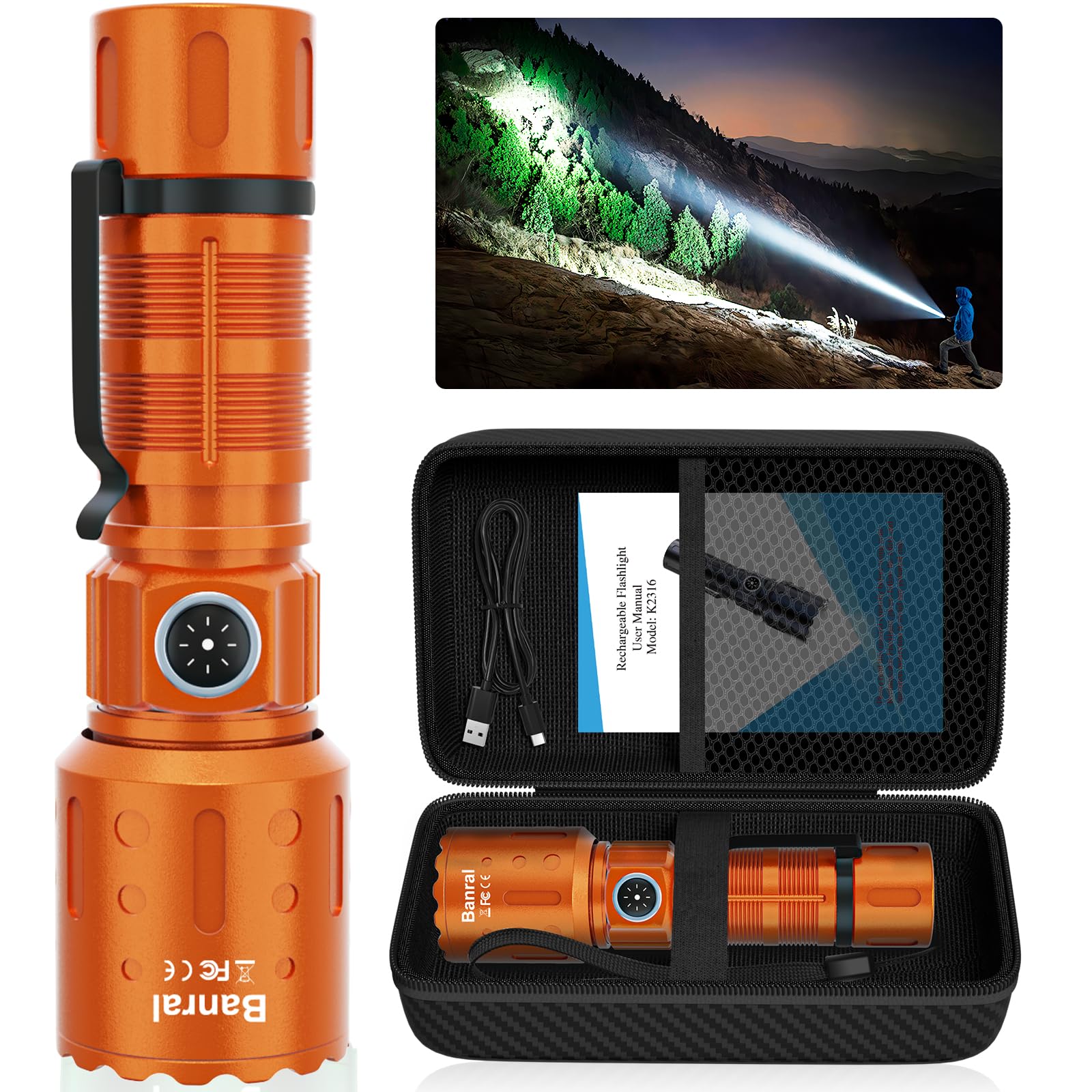 Banral High Lumens Rechargeable Flashlight, 6 Modes, Waterproof, Small, Orange, Model K-2316-B