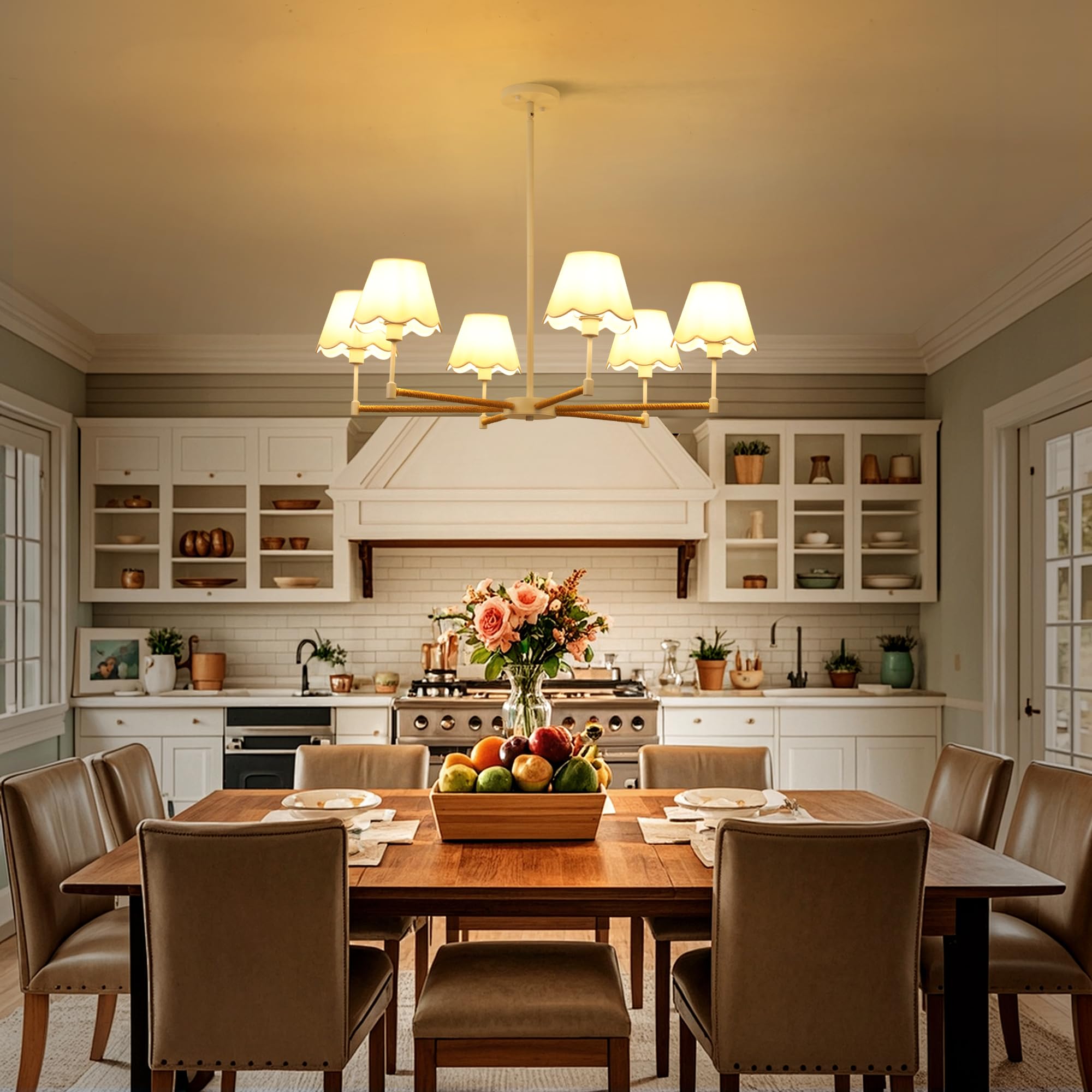 Farmhouse Rattan Chandelier With White Fabric Shade  6-Light Boho Chandeliers For Dining Room  Adjustable Rustic Pendant Light 37.5 Modern White Hanging Lighting For Kitchen Island  Living Room