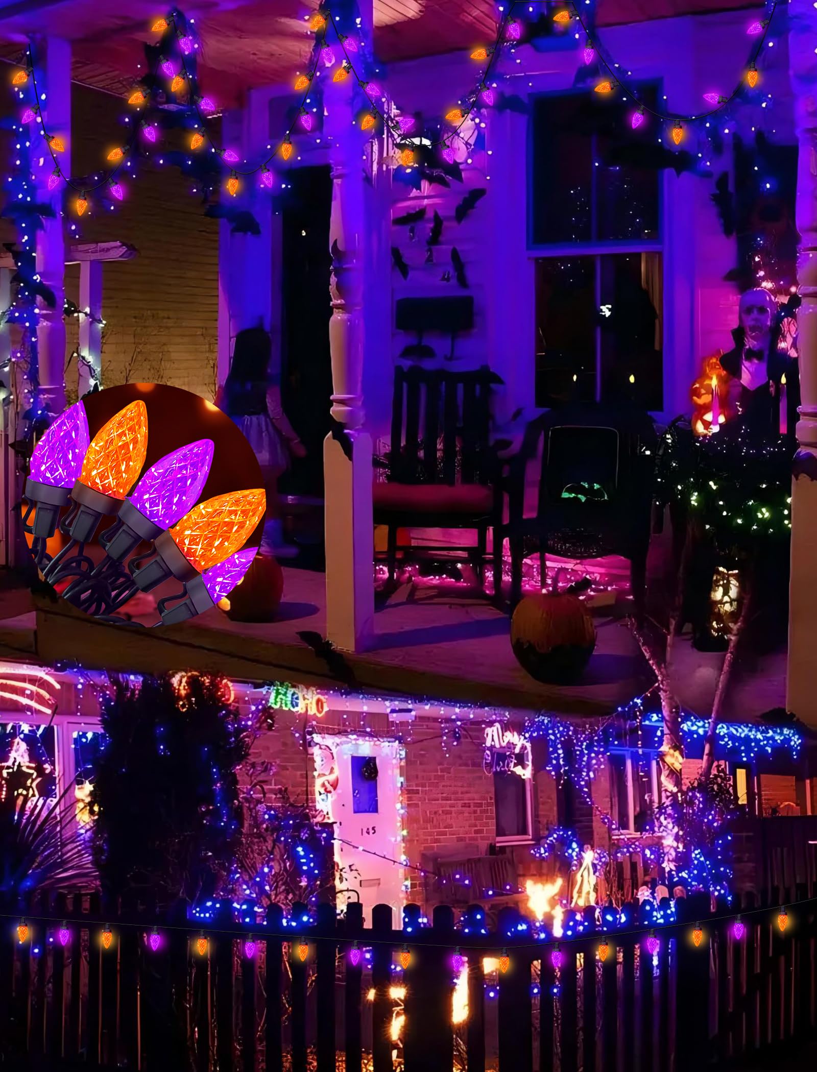 26Ft Halloween String Lights Outdoor  50 C7 Led Orange And Purple String Lights Waterproof  Plug-In Halloween Patio Decorative Lights For Indoor Roofline Backary Porch House Holiday Party Decor