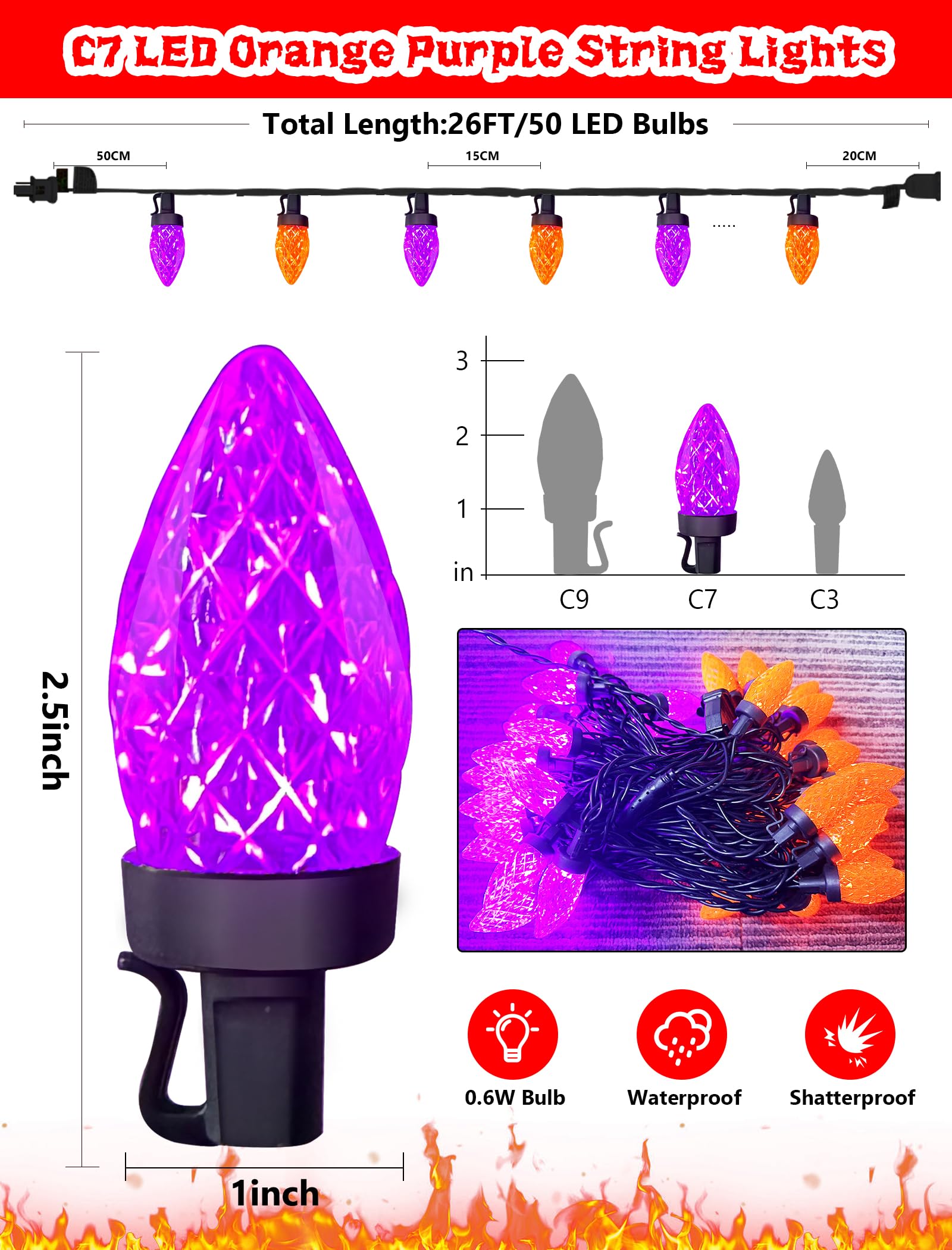 Xingzd 26Ft Halloween String Lights Outdoor  50 C7 Led Orange And Purple String Lights  Plug-In Halloween Patio Decorative Lights For Indoor Christmas Backary Porch House Holiday Party Decor