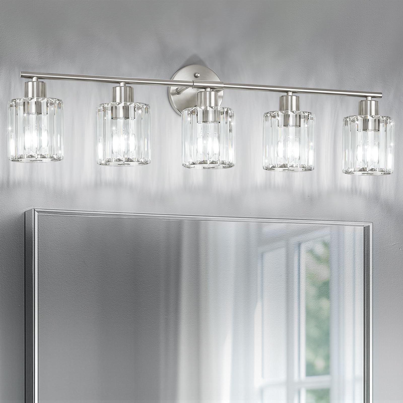 Kvhiiw Crystal Bathroom Light Fixtures,Bathroom Lighting Fixtures Over Mirror, Modern 5-Light Brushed Nickel Vanity Lights for M