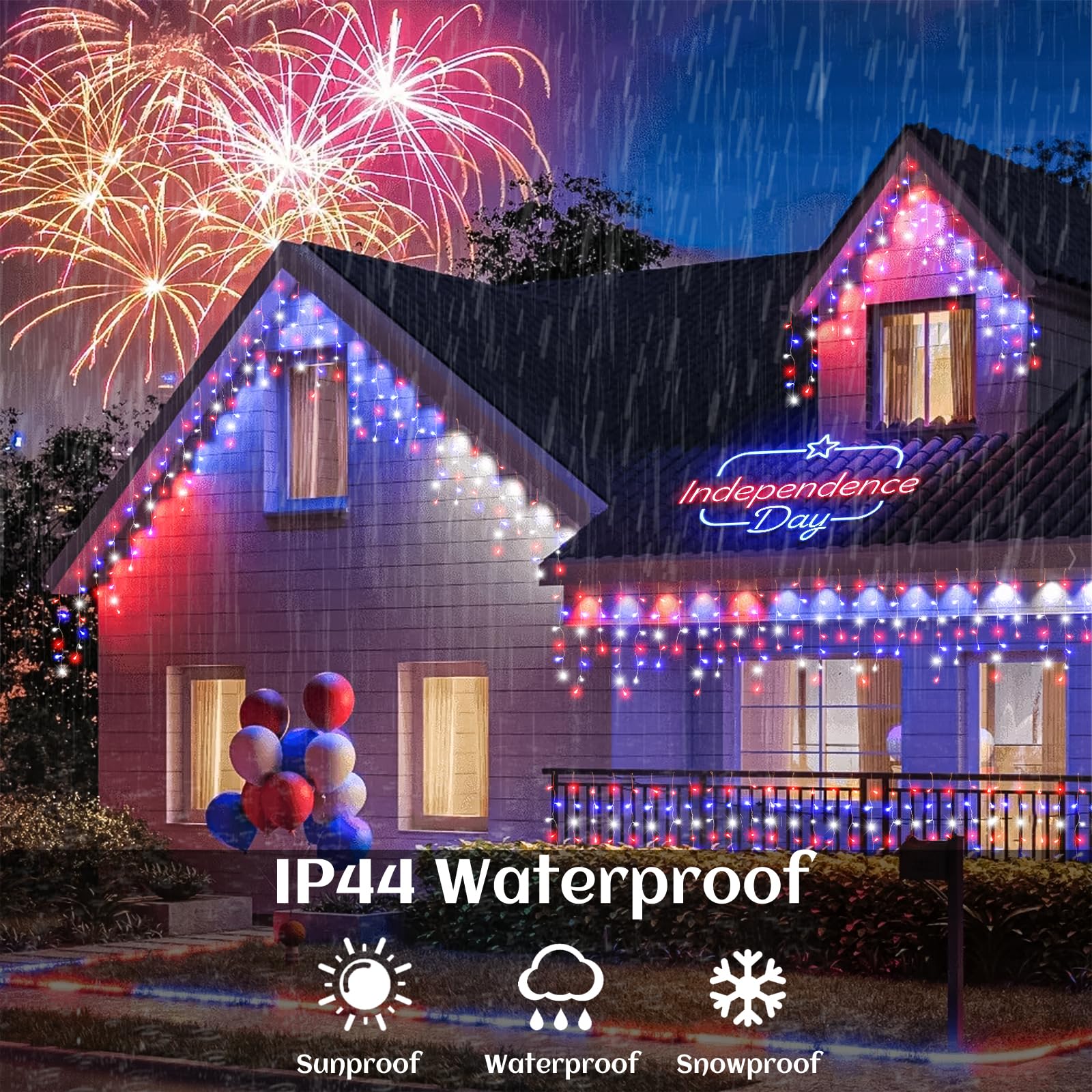 Nielfoi Christmas Lights Outdoor, 640 LED, 66ft Icicle Lights, Red White and Blue, Connectable for 4th of July Decor