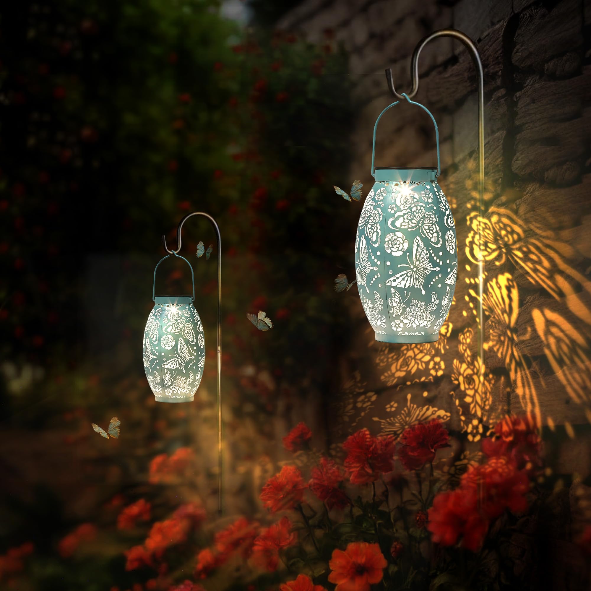 2 Pack Butterfly Solar Lanterns Gardening Gifts For Women Sister Mom Birthday, Large Hanging Solar Lanterns Garden Decor For Patio Yard Front Porch Decor, Big Metal Butterfly Solar Lights Waterproof