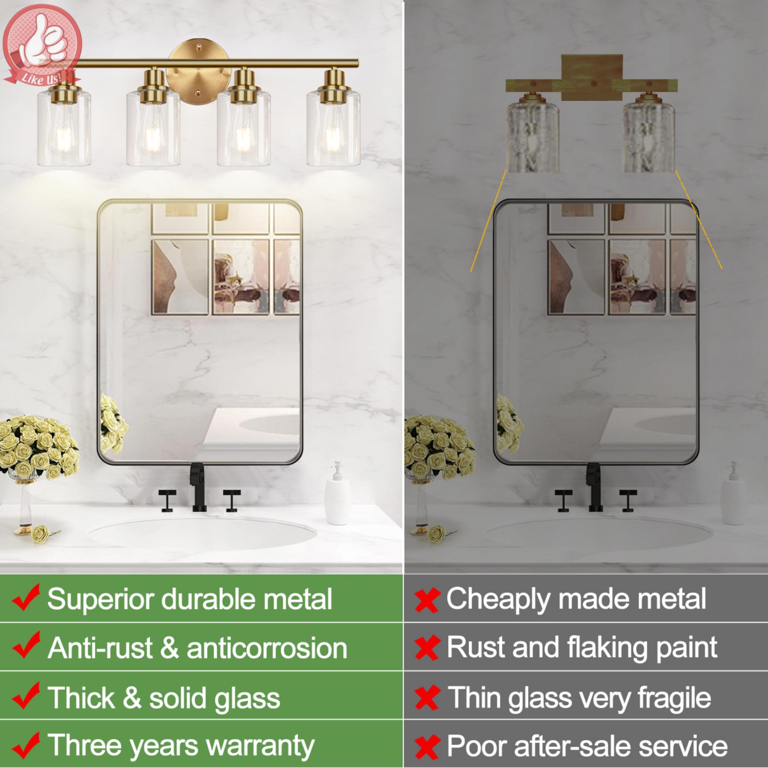 4-Light Bathroom Light Fixtures, Brushed Gold Modern Vanity Lights Over Mirror With Clear Glass Shade, Bathroom Wall Lamp For Mi