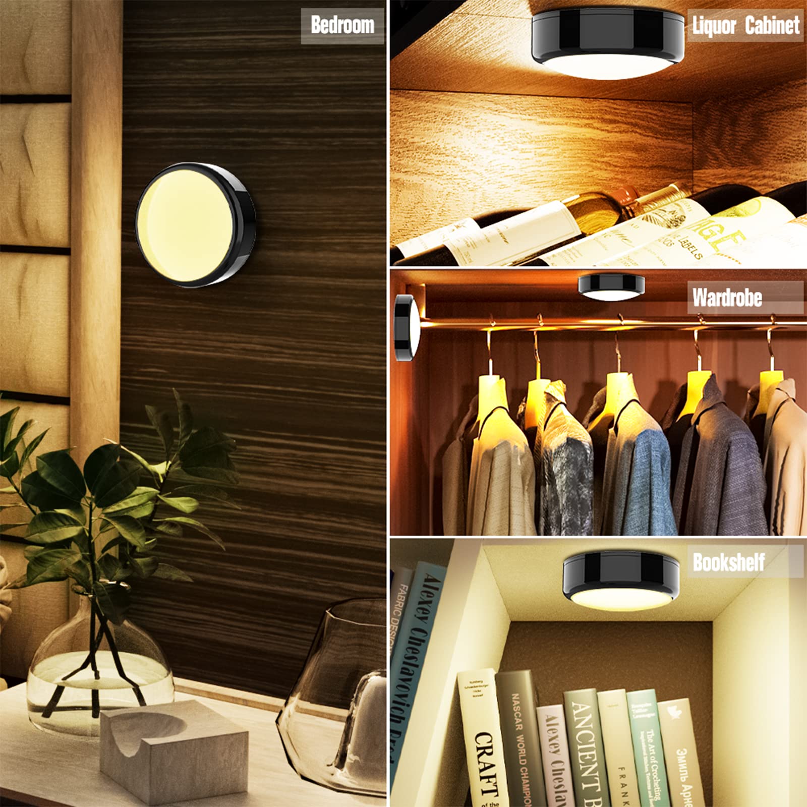 Helplex Puck Lights With Remote, 12 Pack Led Battery Operated Lights, Dimmable Under Cabinet Lights, Push Light, Stick On Light,