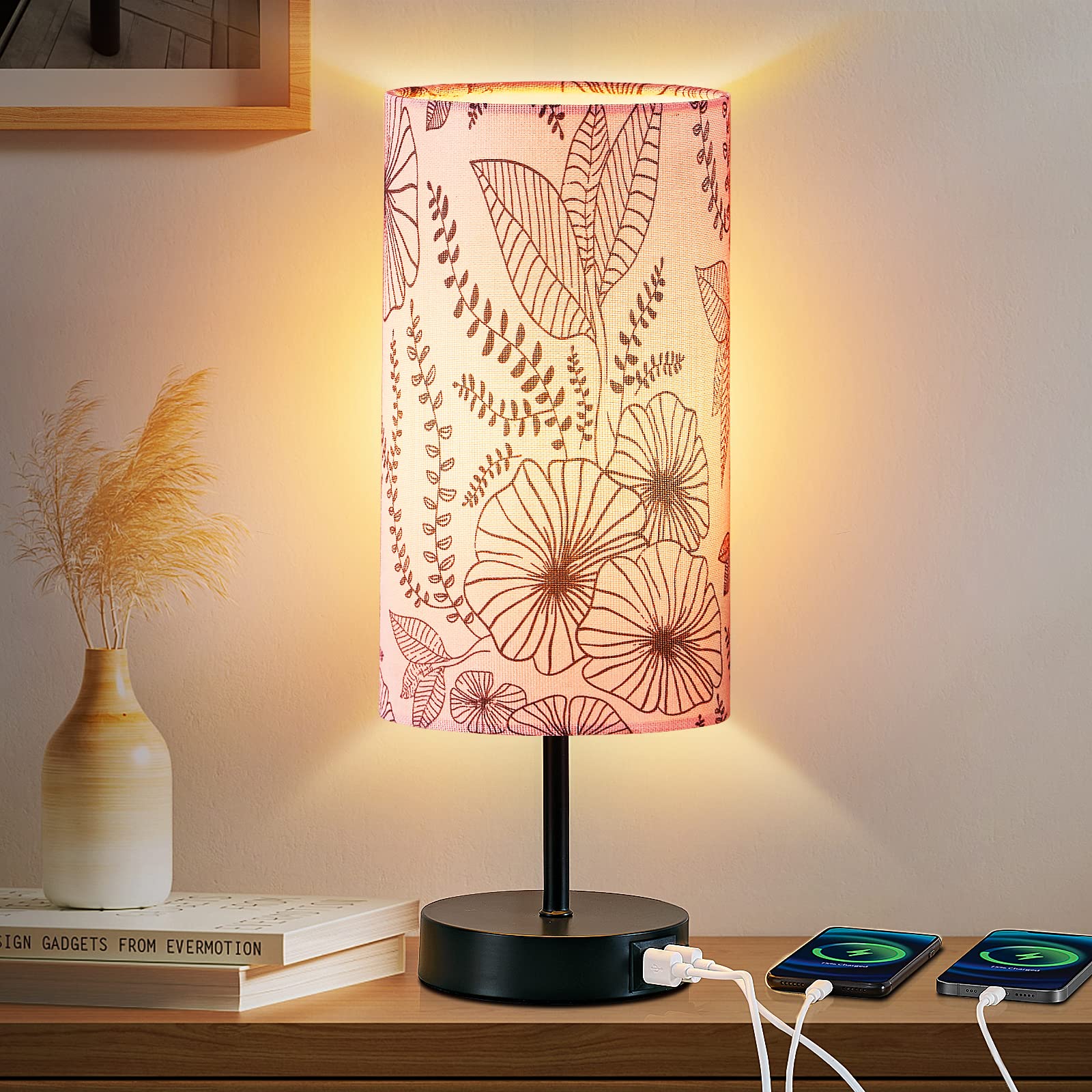 CINSARY Touch Control Bedside Lamp with 2 USB Ports, 3-Way Dimmable Table lamp for Bedroom, Nightstand Lamp with Round Pink Flow