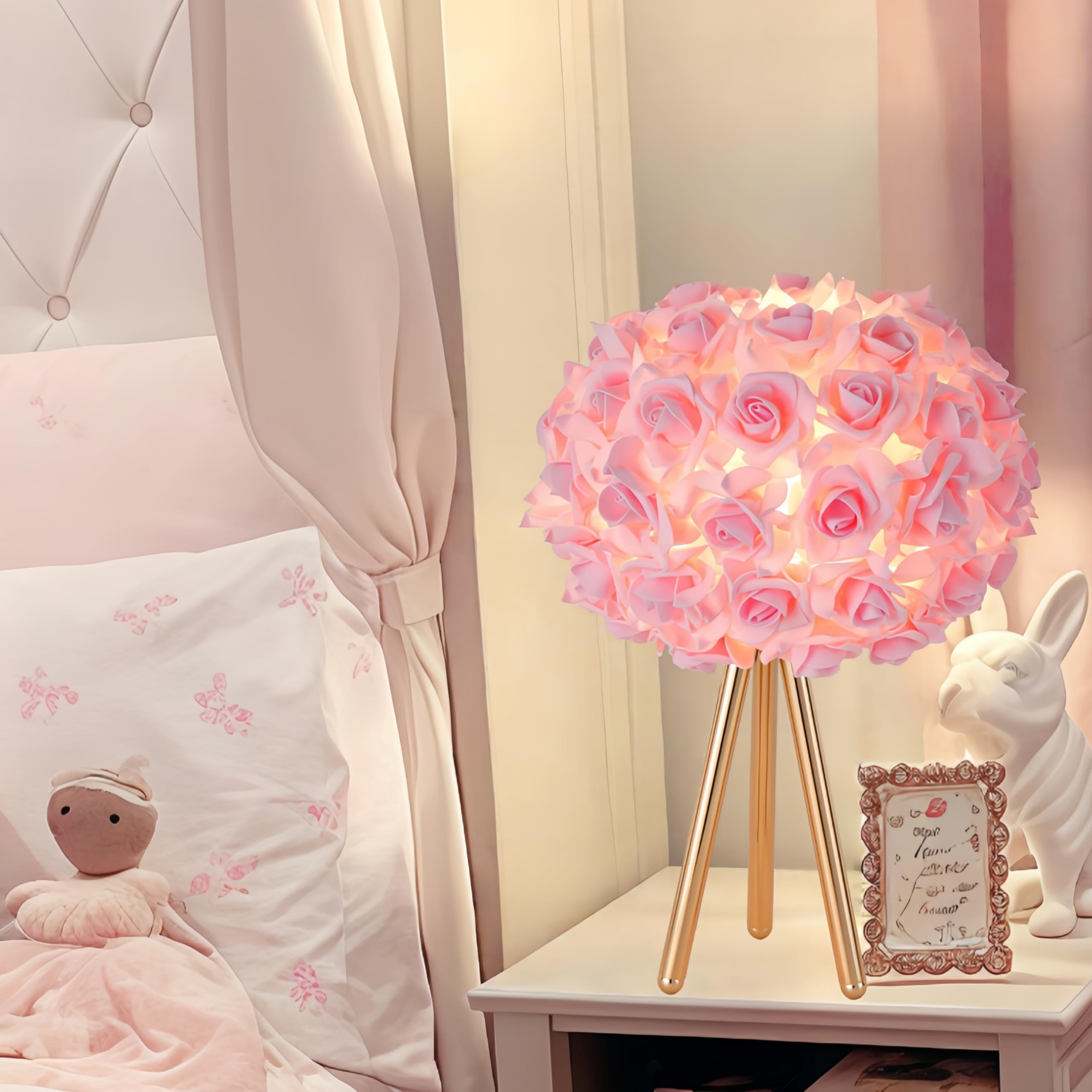 Zyleisenbao Pink Rose Flower Lamp Cute Table Lamp Flower Desk Lamp Floral Bedside Nighstand Light Atmosphere Girls Princess Lamp With Gold Tripod For Bedroom Wedding Christmas Gift Hotel Living Room