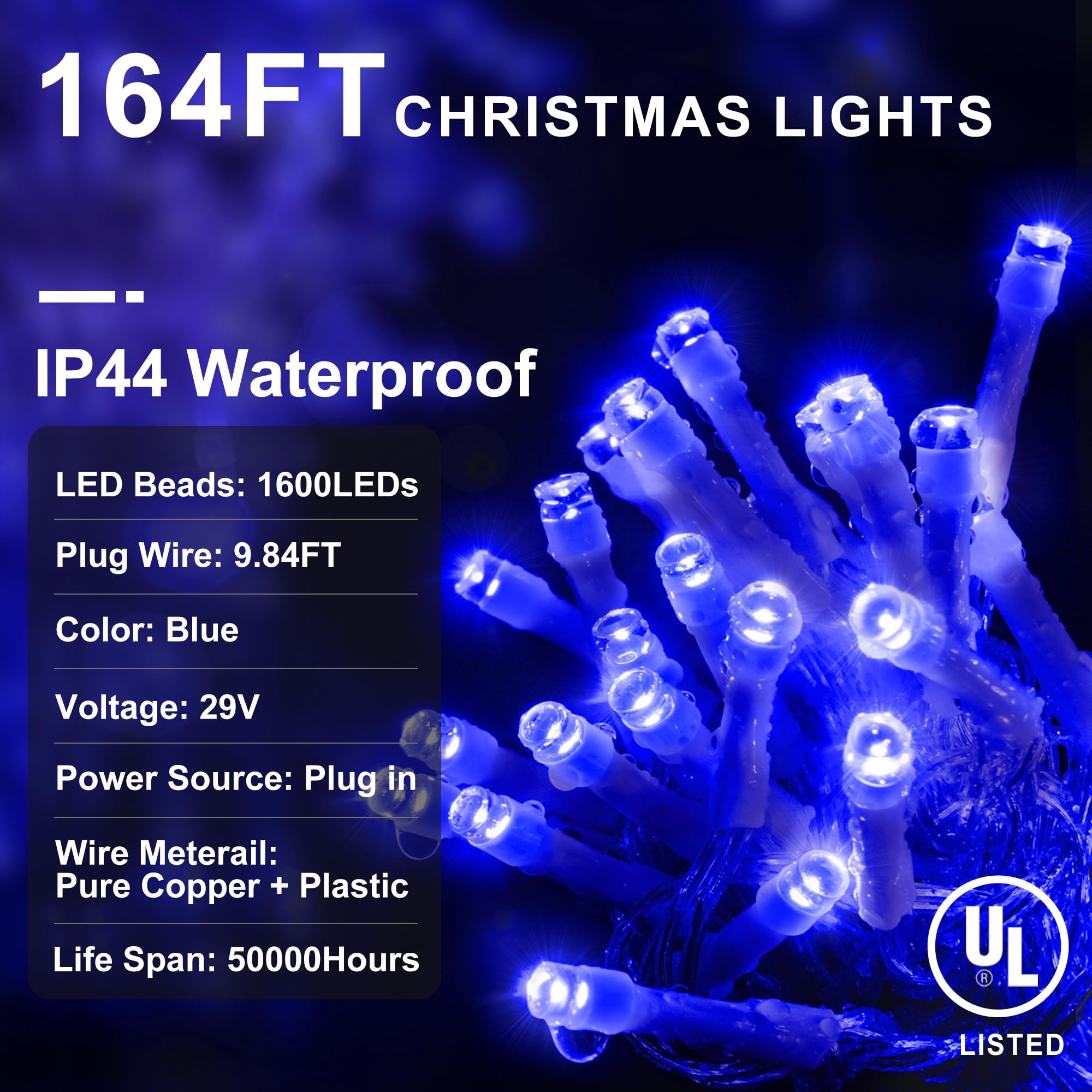 KNONEW LED Christmas Lights 164FT 1600 LED Blue Waterproof Fairy String Lights with Timer, 8 Modes for Indoor/Outdoor Decor