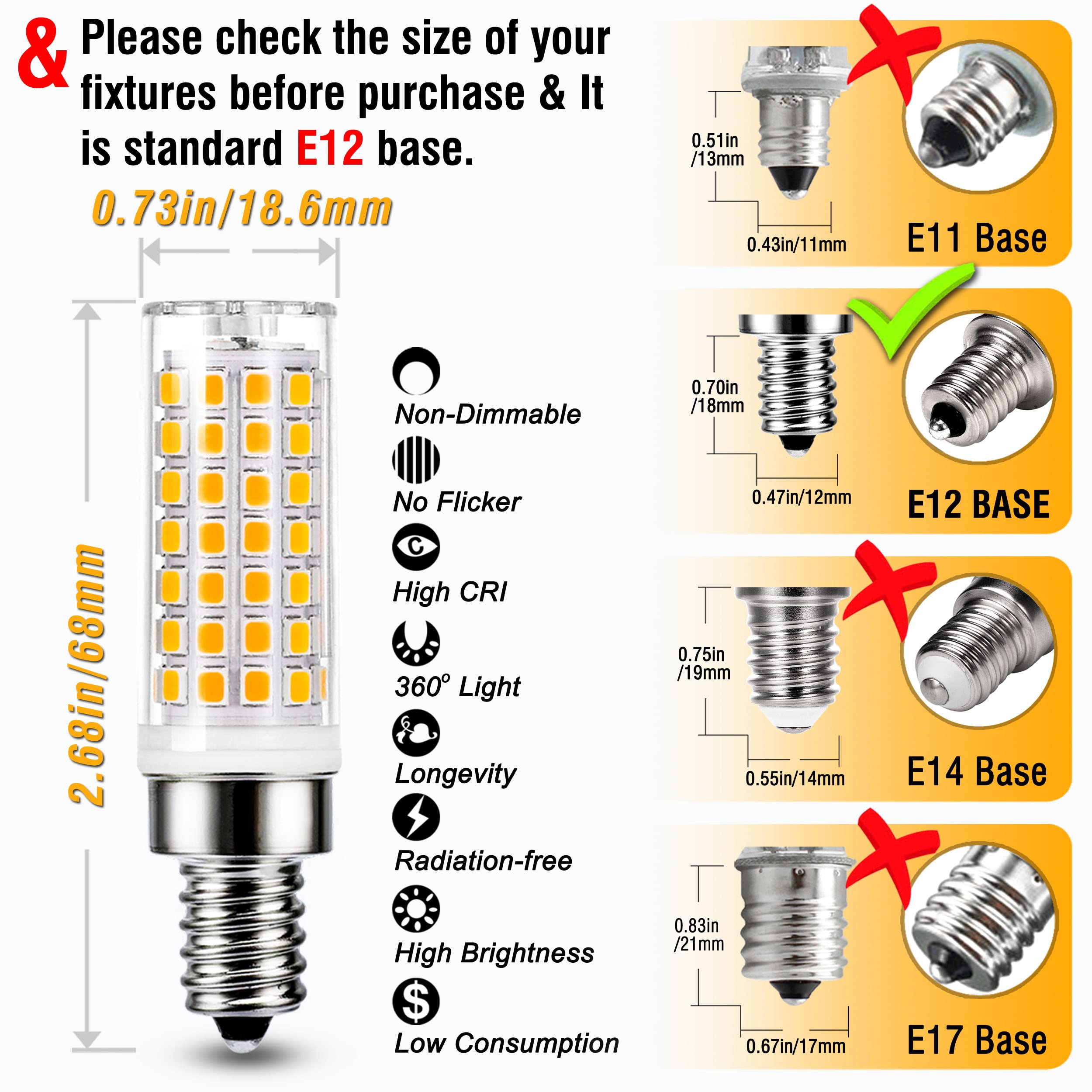 Alide E12 75 Watt Replacement Led Candelabra Bulbs C7,2700K Warm White,800Lm T6 7.5W Led E12 Chandelier Light Bulbs For Ceiling