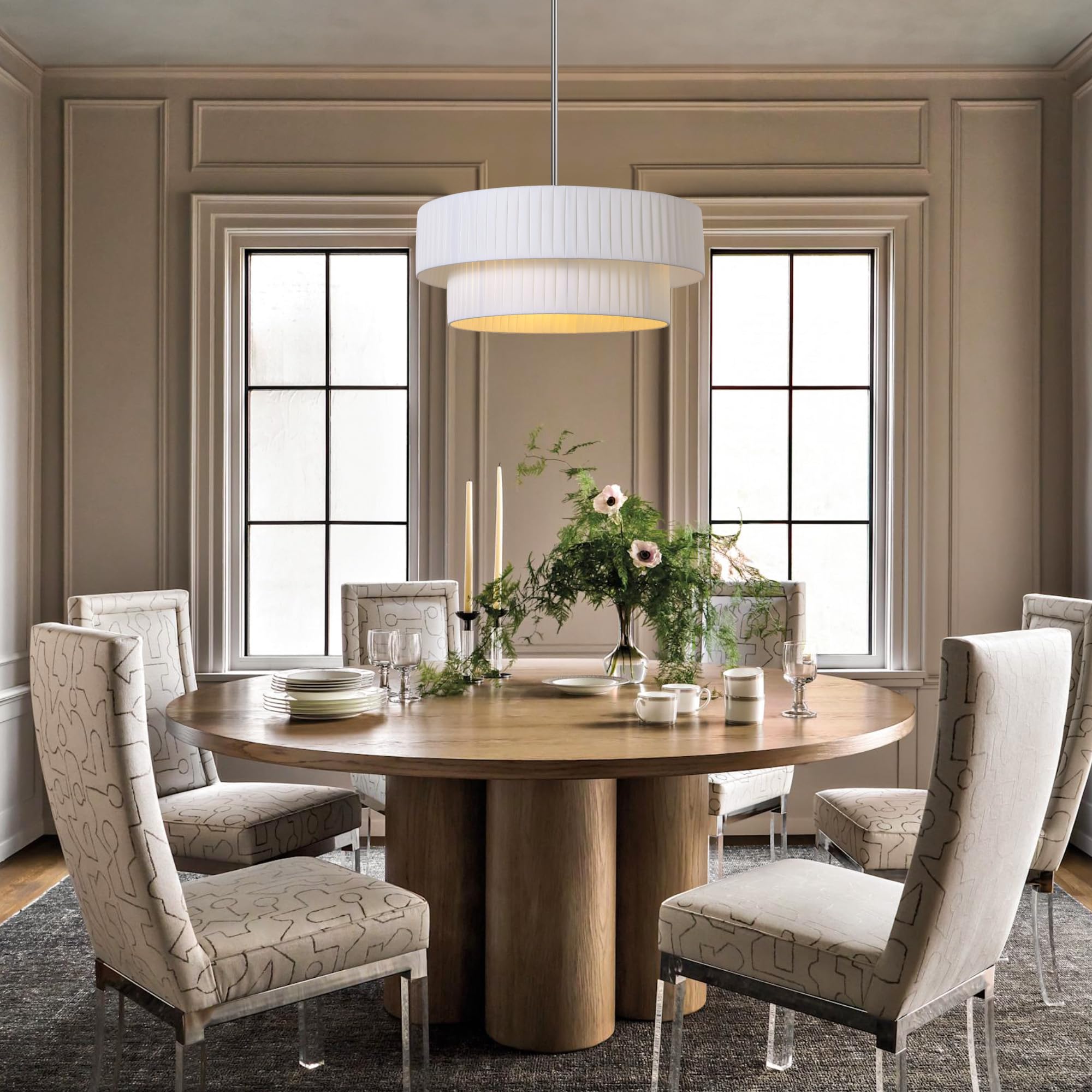 Lamqee Large Farmhouse Drum Chandelier, 2-Layer 23.6Inch Ceiling Light Fixture Nickel With Fabric Shade Modern Pendant Hanging L