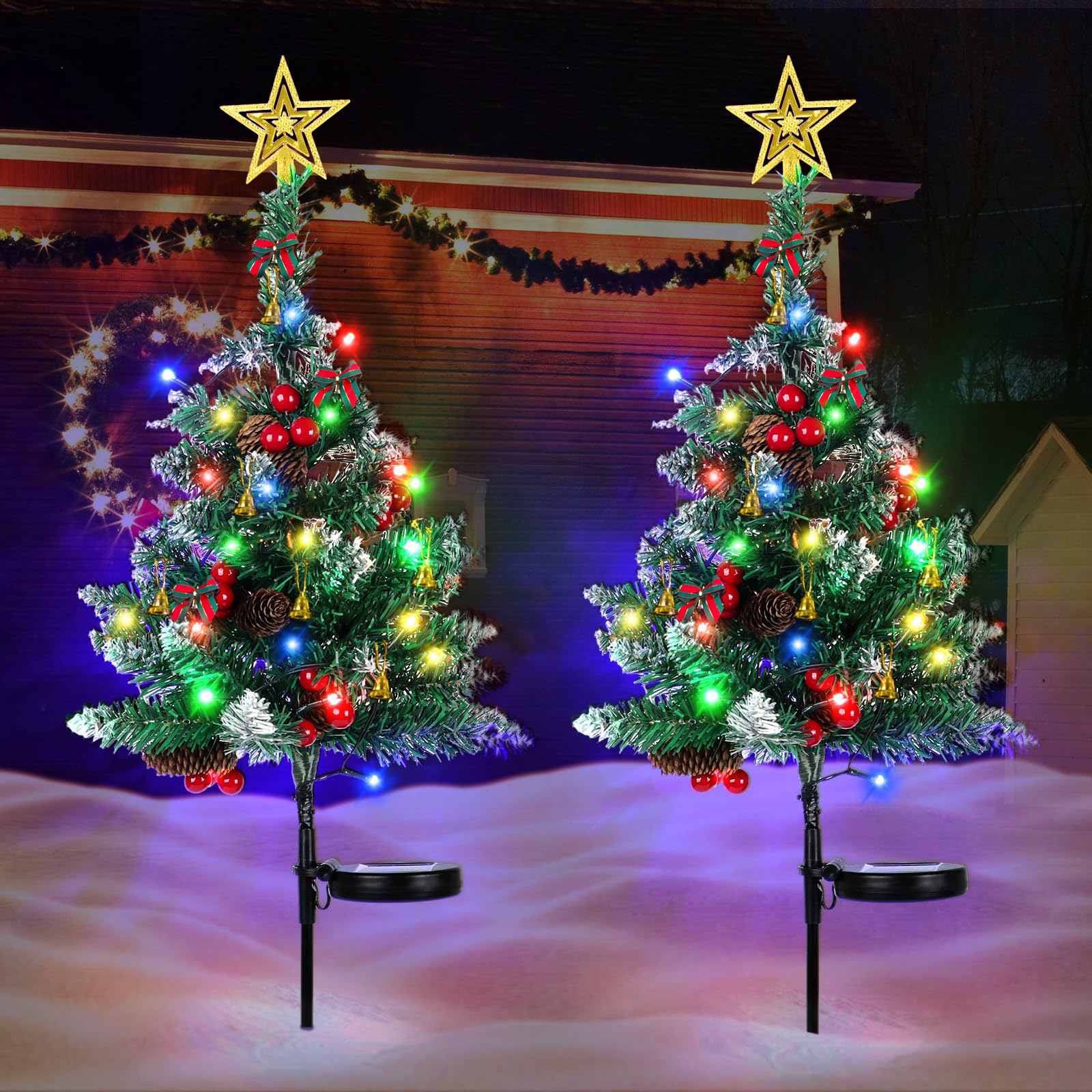OurWarm 2Pcs Solar Christmas Tree Lights Outdoor Decorations  20 LEDs Path Lights 8-Mode Flickering  Small Mini Solar Christmas Tree for Outside Yard Pathway Garden Grave Cemetery Xmas Decor
