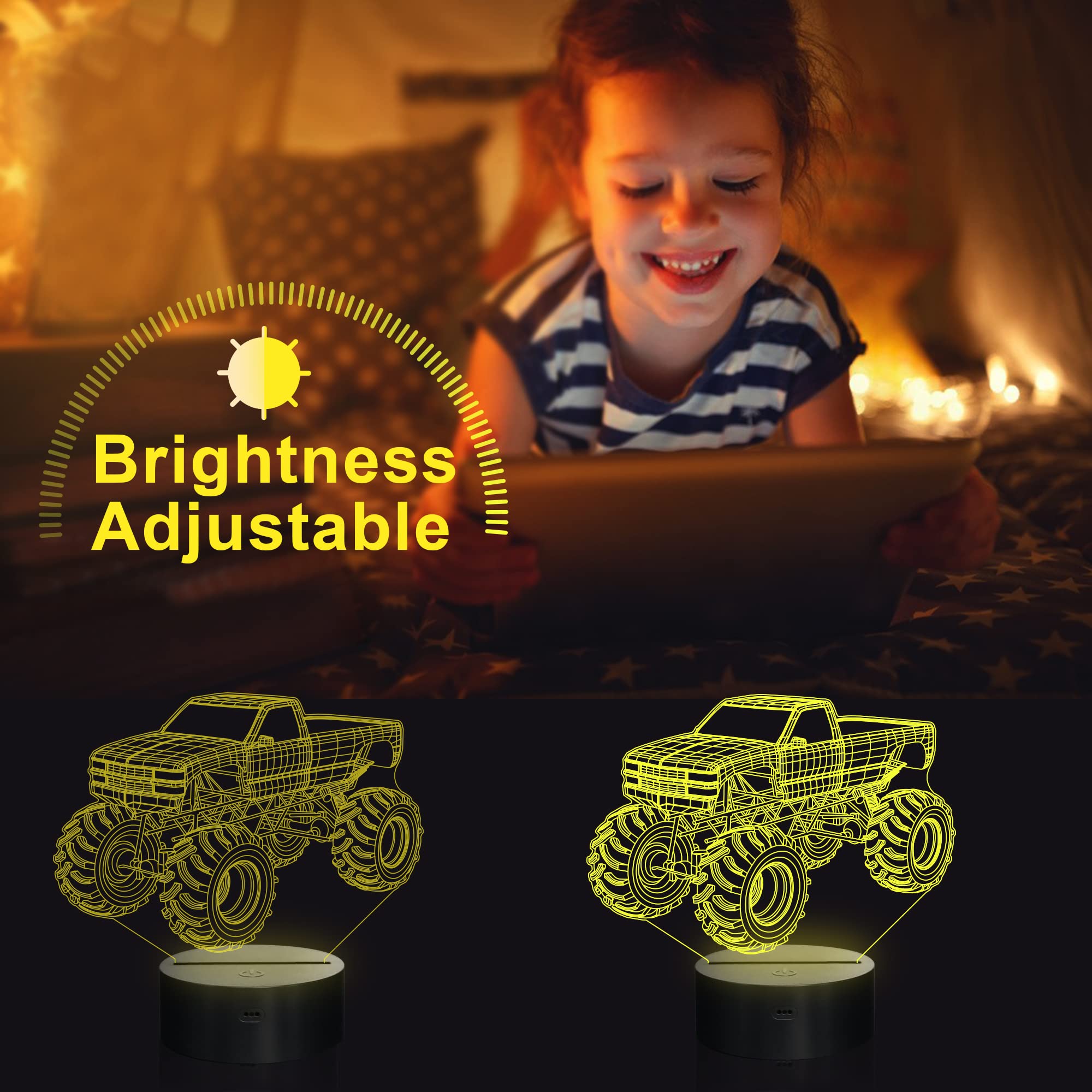 YuanDian 3D Night Light, Monster Truck Design, 16 Color LED, Acrylic Table Lamp, Kids Bedroom Decoration, Model FS-2810-9999, Multicolor