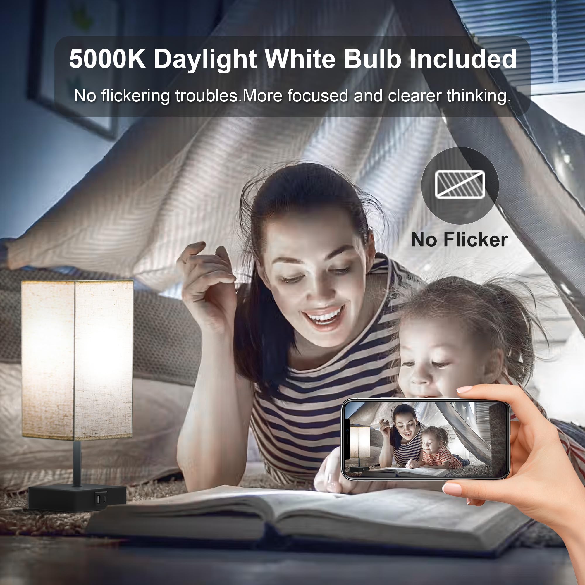 Hansang Table Lamps, Touch Lamp With Usb A Usb C Charging Port 3 Way Touch 5000K Led Bulb,Touch Lamps For Bedrooms, Reading Room