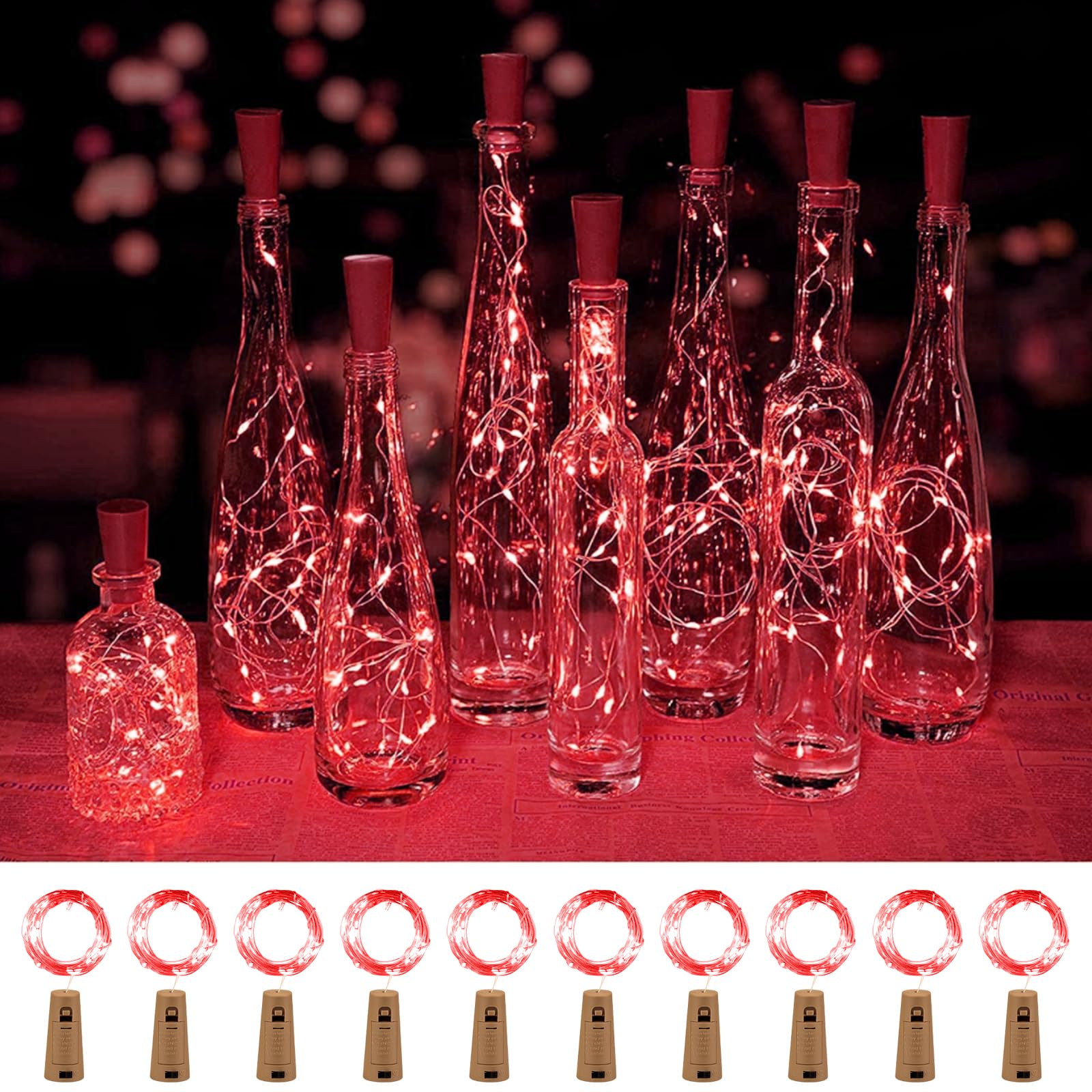 Brightown Wine Bottle Lights with Cork, 10 Pack 20 LED Waterproof Battery Operated Cork Lights, Silver Wire Mini Fairy Lights for Liquor Bottles DIY Party Bar Christmas, Red
