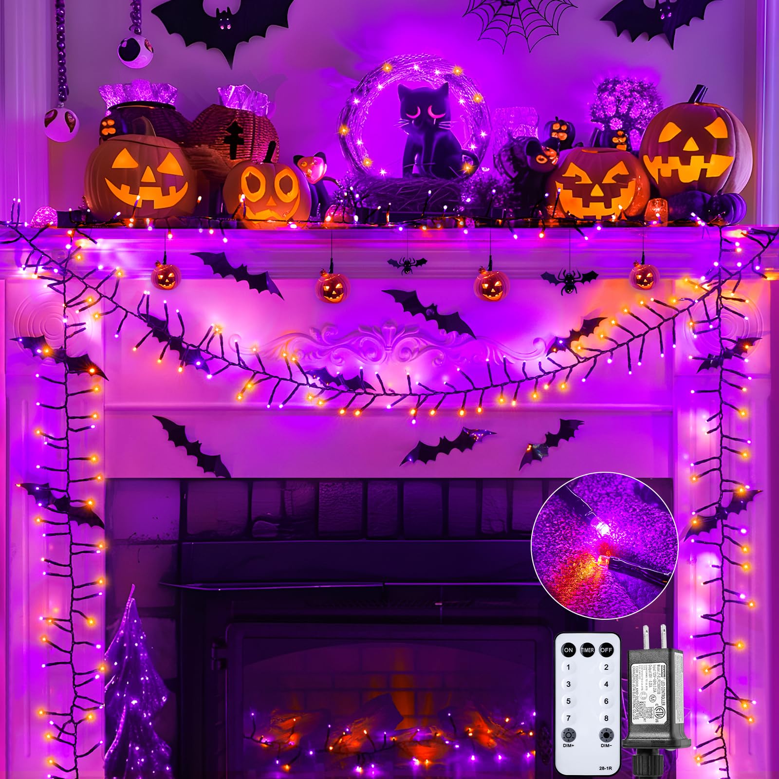 Brightown Halloween String Lights - 1000LED 50Ft Waterproof, 8 Modes, Remote Control, Orange & Purple Fariy Lights for Outdoor Decor