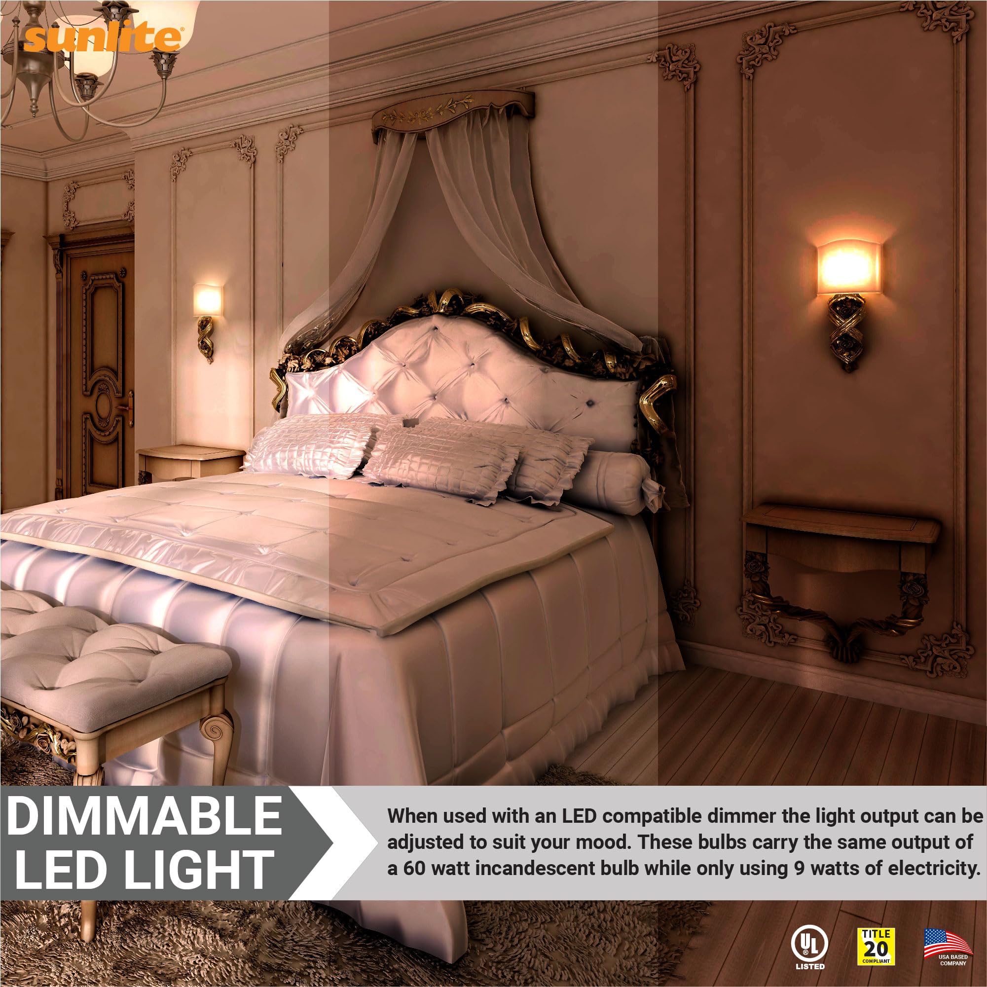 Sunlite Led A19 Light Bulb, 9 Watts (60W Equivalent), 800 Lumens, 120V, Dimmable, Medium E26 Base, 90 Cri, 230 Degree Beam Angle