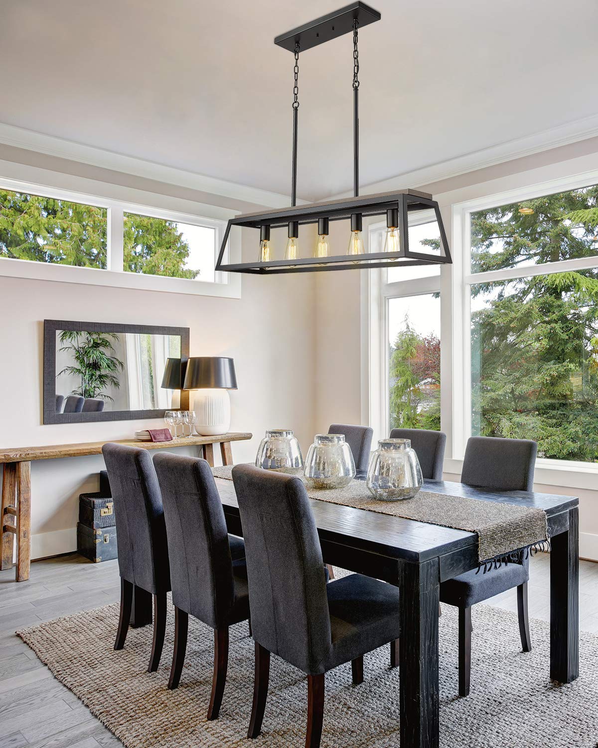 Eapudun 38-Inch 5-Light Farmhouse Kitchen Island Chandelier, Matte Black & Wood Finish