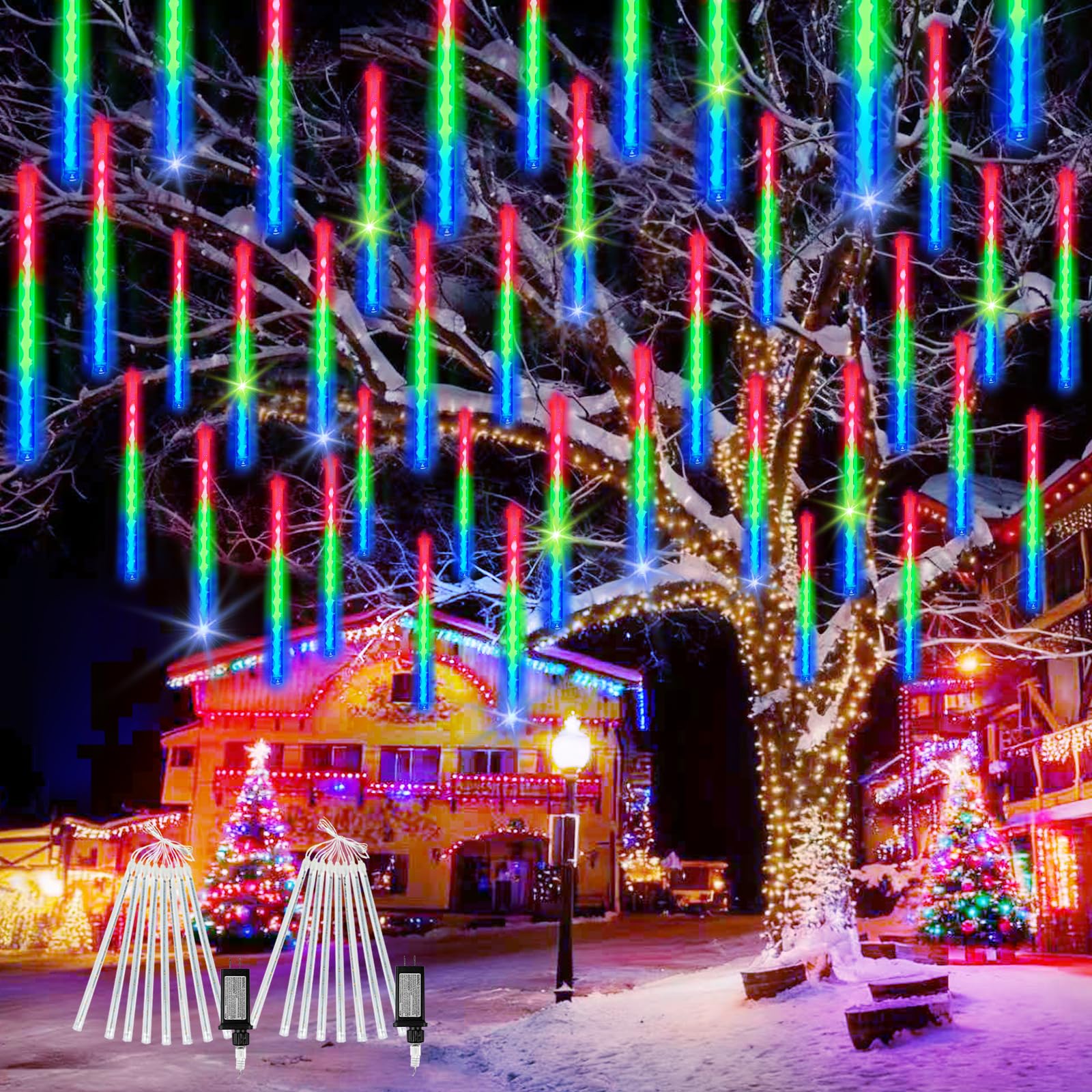2-Pack Extendable Meteor Shower Christmas Lights Outdoor  16 Tubes 384 Leds Waterproof Falling Rain String Light  Christmas String Lights Outdoor For Tree Garden Patio Holiday Decorations (Multicolor)