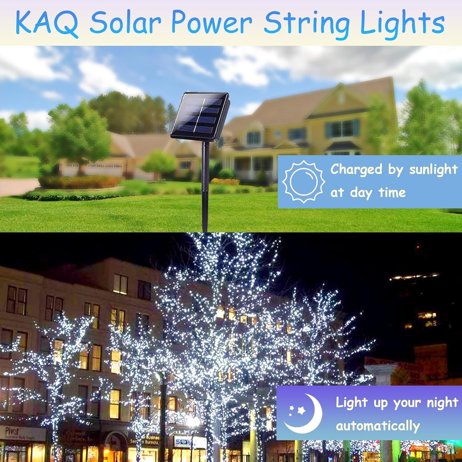 KAQ Solar String Lights Outdoor 200LED 66FT Waterproof Cool White Green Wire 8 Modes for Party Garden Wedding