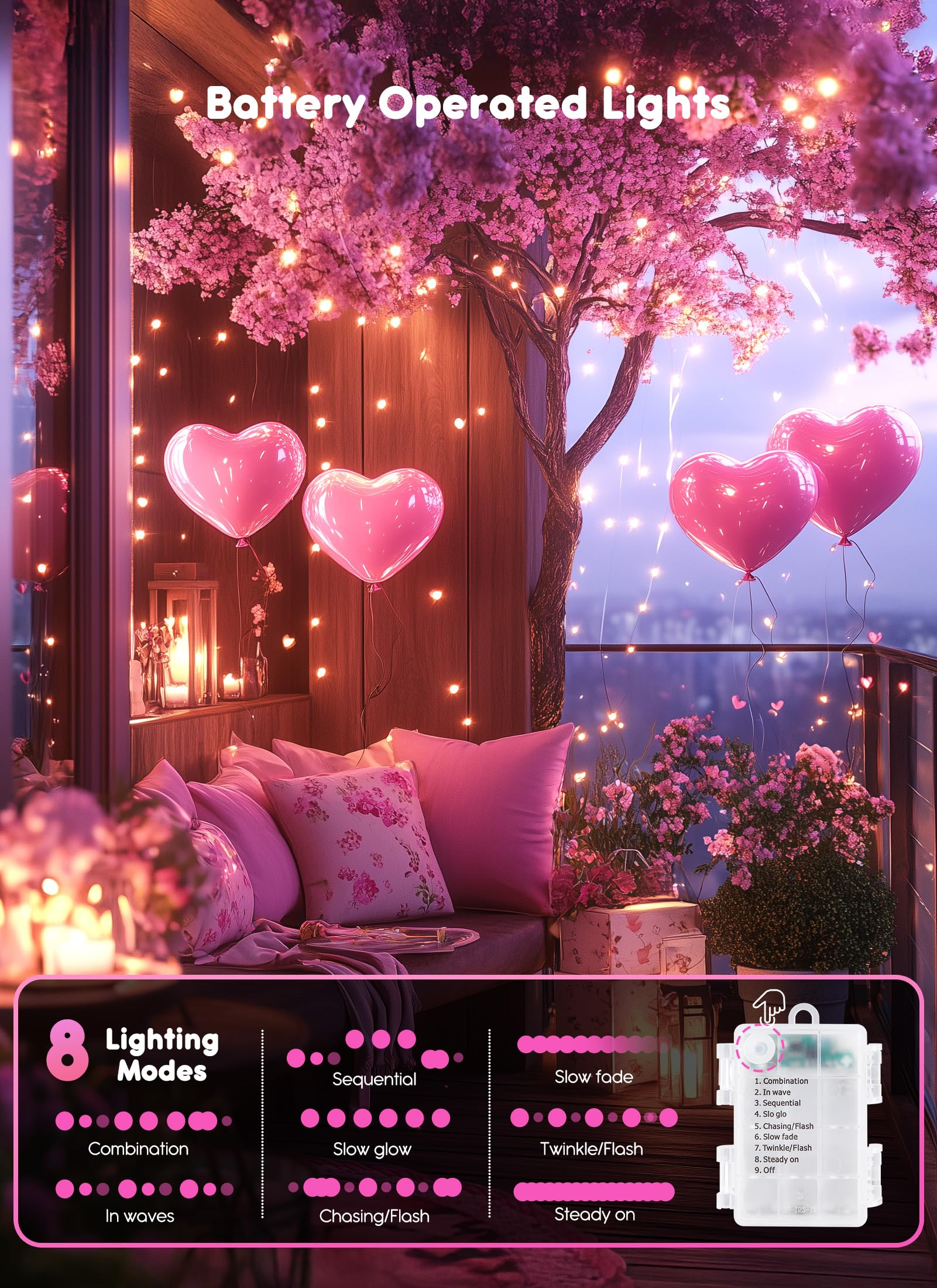 66Ft 200 Led Outdoor String Lights, Pink Fairy Lights Battery Operated With Remote, Waterproof Twinkle Lights For Bedroom Dorm Patio Tapestry Backyard Garden Party Indoor Valentine'S Day Decoration