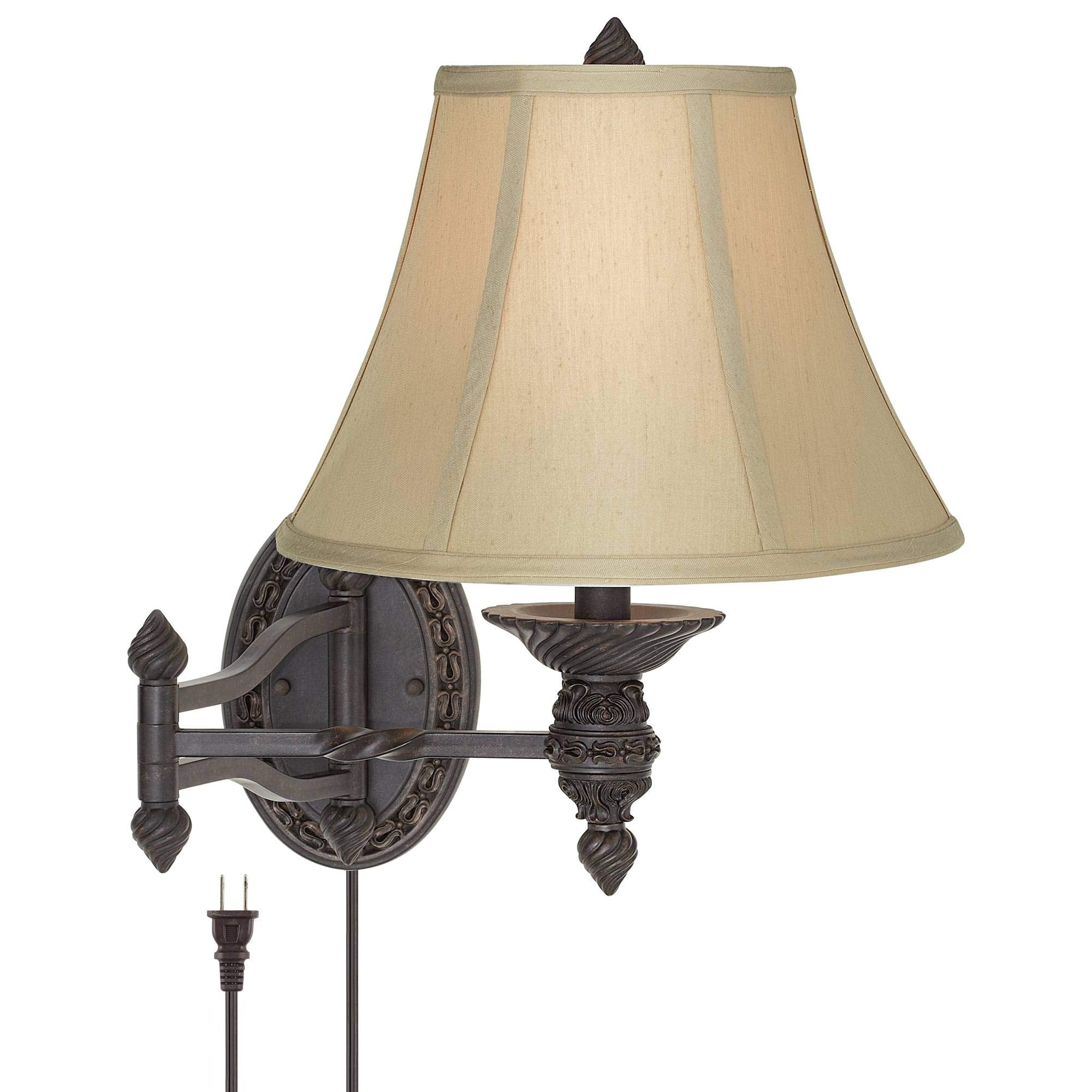 Barnes and Ivy Godia Wall Lamp - Dimmable Bronze Plug-in Light Fixture with Beige Bell Shade for Bedroom, Living Room, Dining, Model U3791