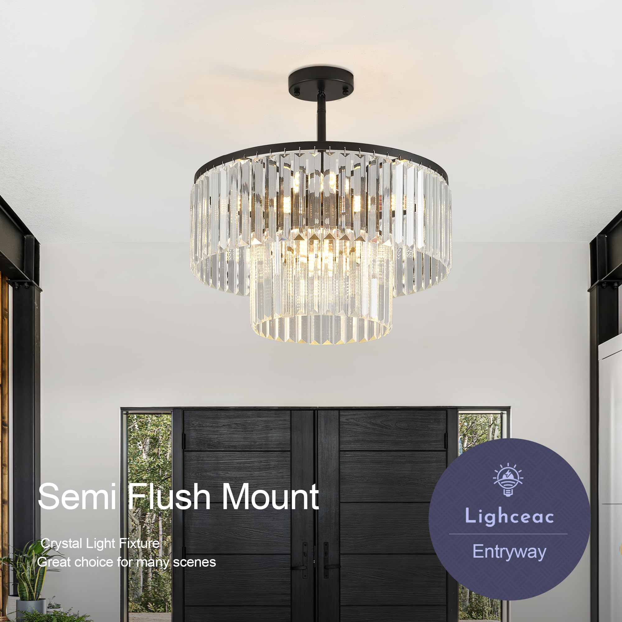 Lighceac 17.7 Black Semi Flush Mount 2-Tier Crystal Ceiling Light Fixtures For Dining Room Modern stylish 8-Light Chandeliers Lighting For Bedroom Entryway Hallway Kitchen Island Living Room Foyer