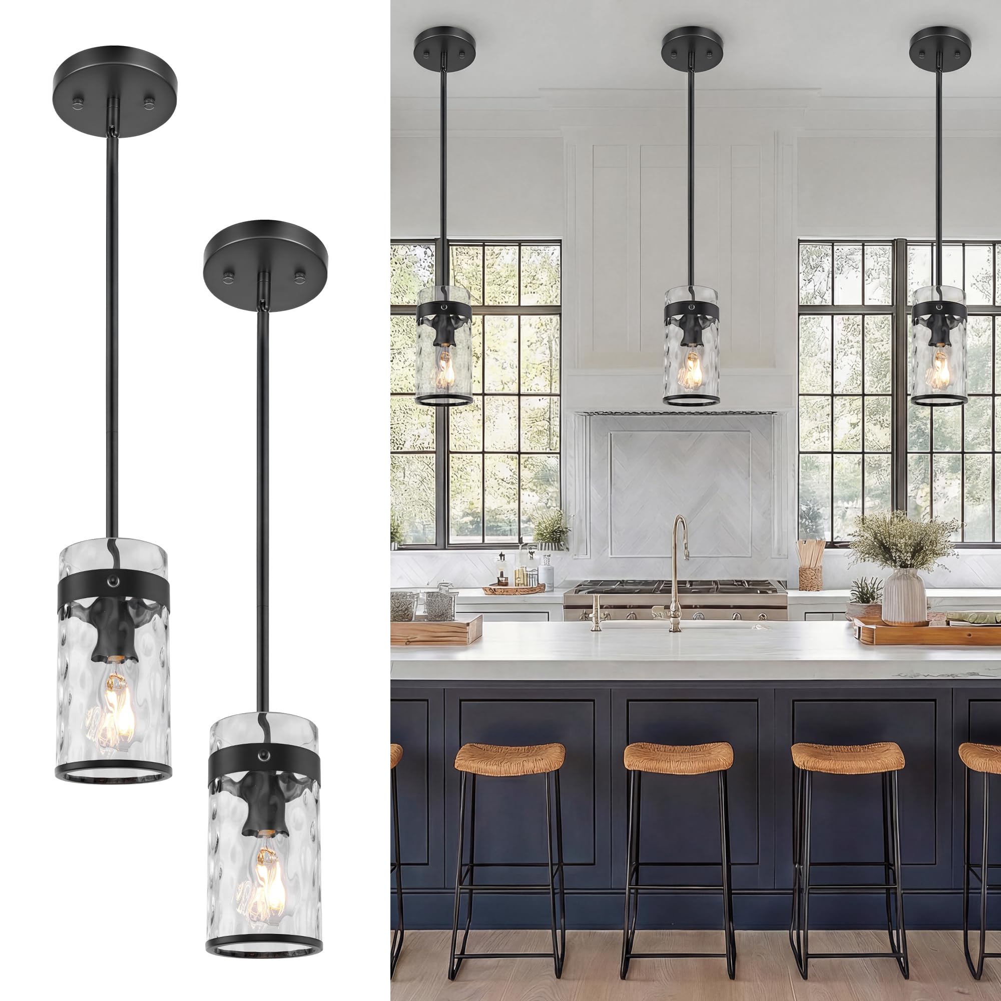 AUTELO 2 Pack Black Pendant Light, Glass Pendant Lights Kitchen Island with Hammered Glass, Modern Hanging Lamp with Adjustable 