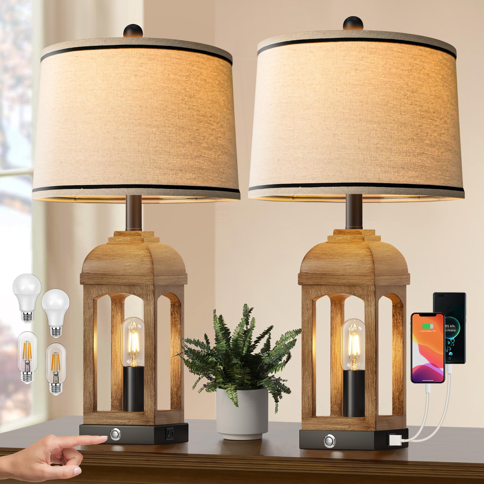 QiMH Table Lamp for Living Room, Farmhouse Lamps Set of 2 with USB A+C and Nightlight, 26'' Rustic Bedside Lamps with 3-Way Dimm