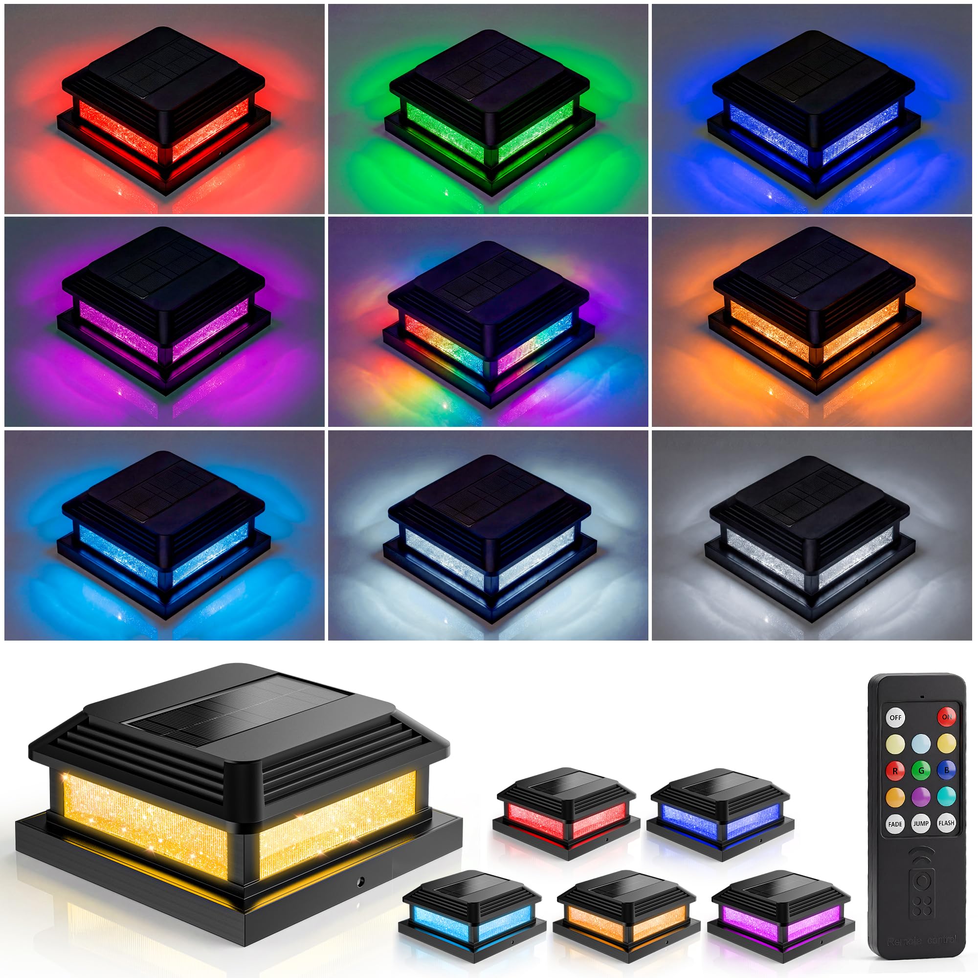 JOFIOS Solar Post Cap Lights, LED, Multi-Color, Plastic, Classic Style, Waterproof IP65, for 4/4.5/5 Inch Posts, Outdoor Patio (