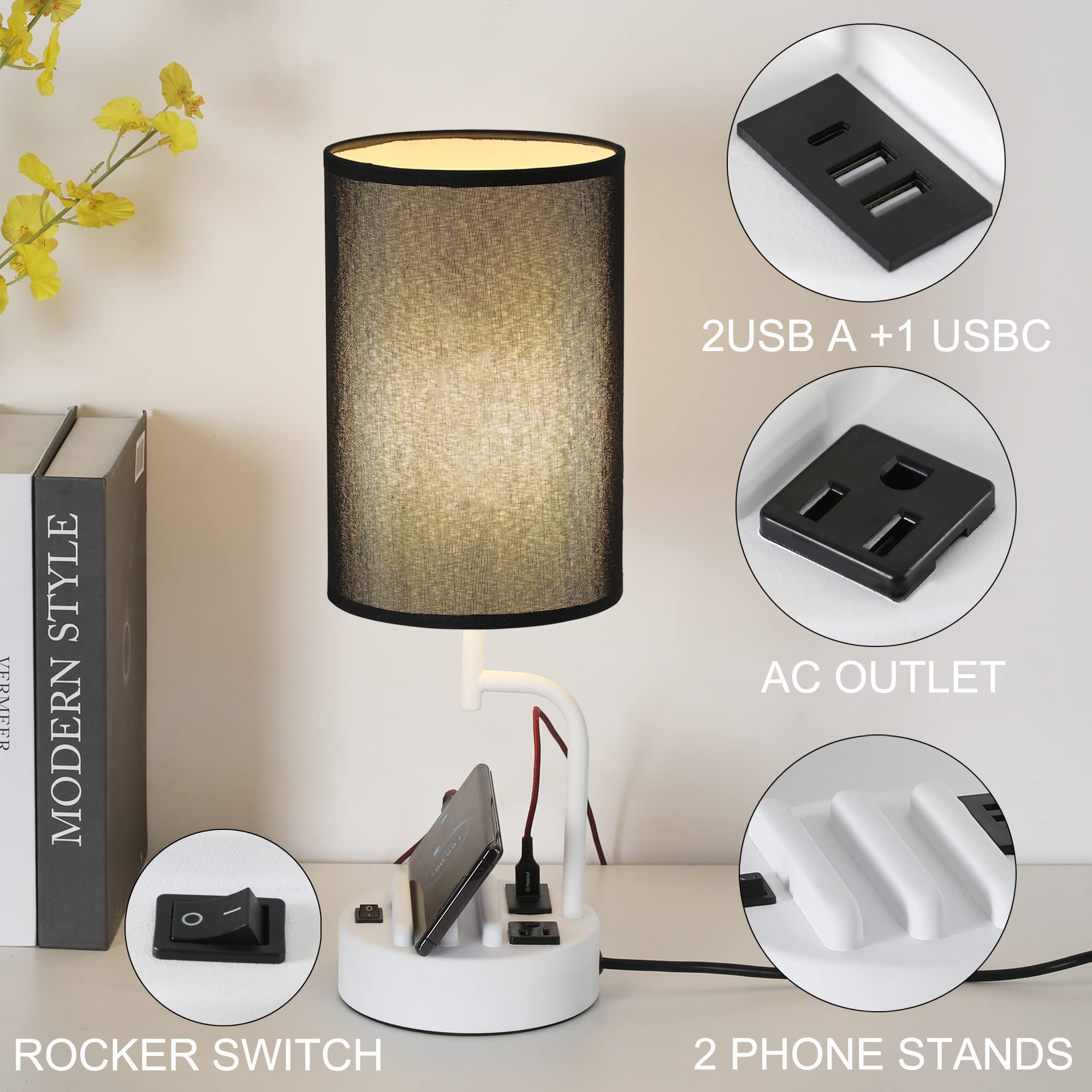 Dreamholder Table Lamp - Modern Desk Lamp with 3 USB Ports, AC Outlet, Phone Stands, Pack of 2, Black & White