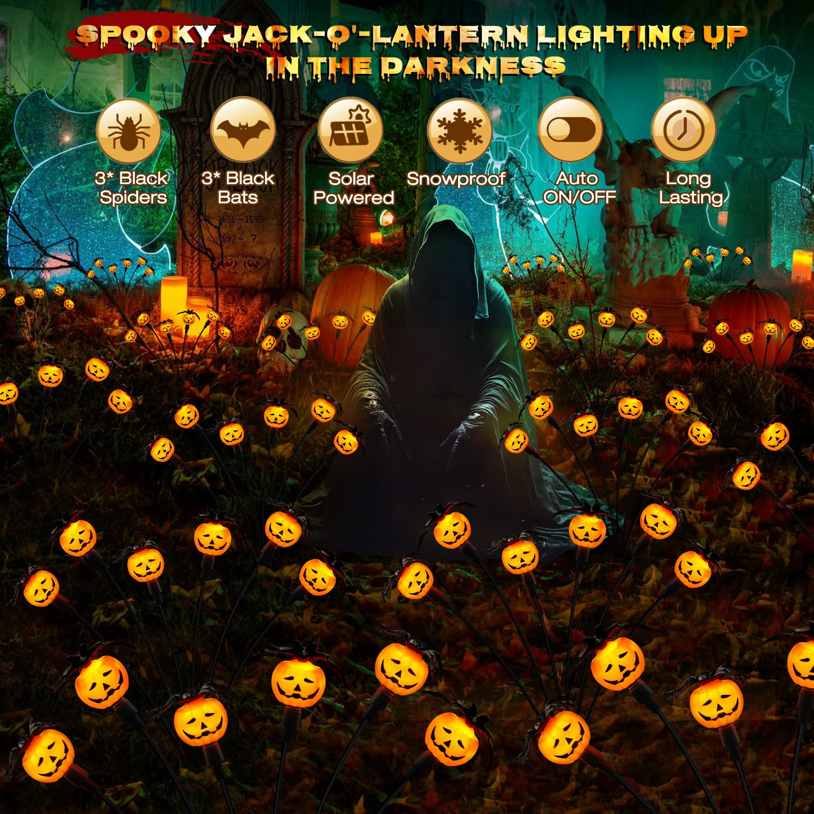 Weepong Halloween Decorations Outdoor - 4 Pack Solar Lights, 24 LED Pumpkin Lights with Spider & Bats, Orange, Model WEP-SPL-4PC