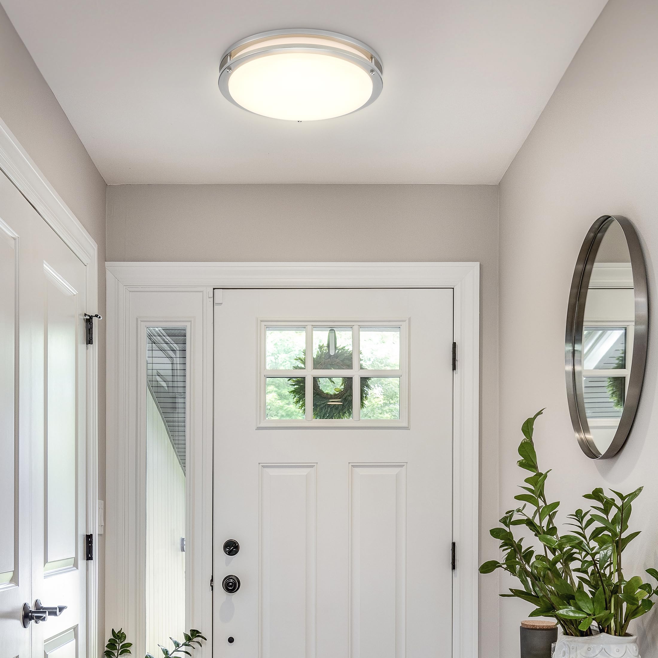 Maxxima LED Flush Mount Ceiling Light Fixture, Motion Sensor, 1300 Lumens, 5 CCT, Satin Nickel, Model MCL-3141805SN