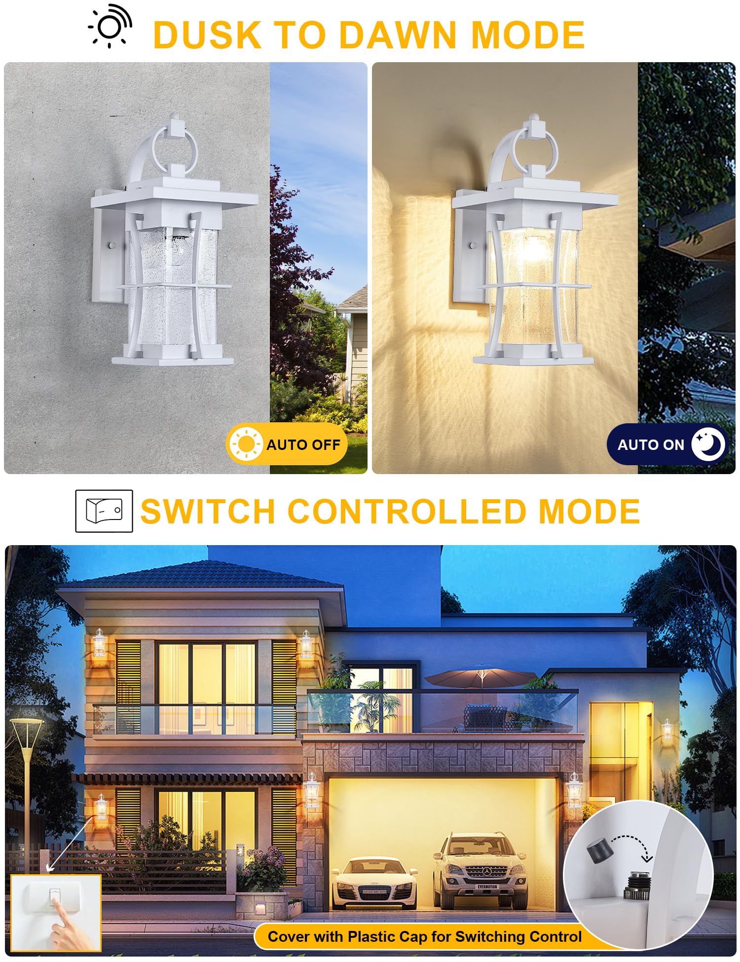 EERU White Outdoor Wall Light Dusk to Dawn Lantern with Photocell Sensor, Waterproof, Metal, Model 05-E-WL(WH)