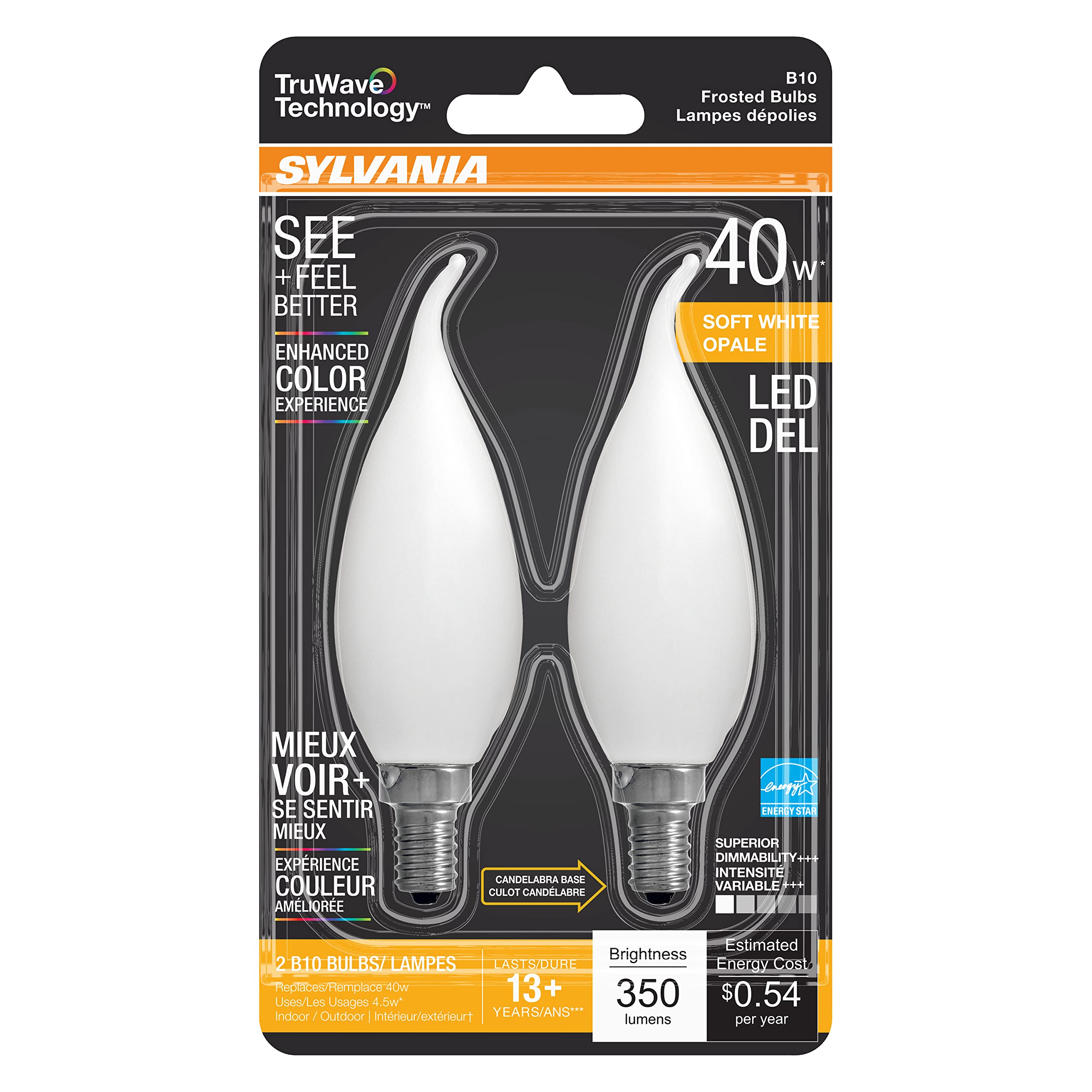 Sylvania Led Truwave Natural Series Candelabra Base Light Bulb, 40W Equivalent, Efficient 4.5W, Soft White, Dimmable, Frosted, C