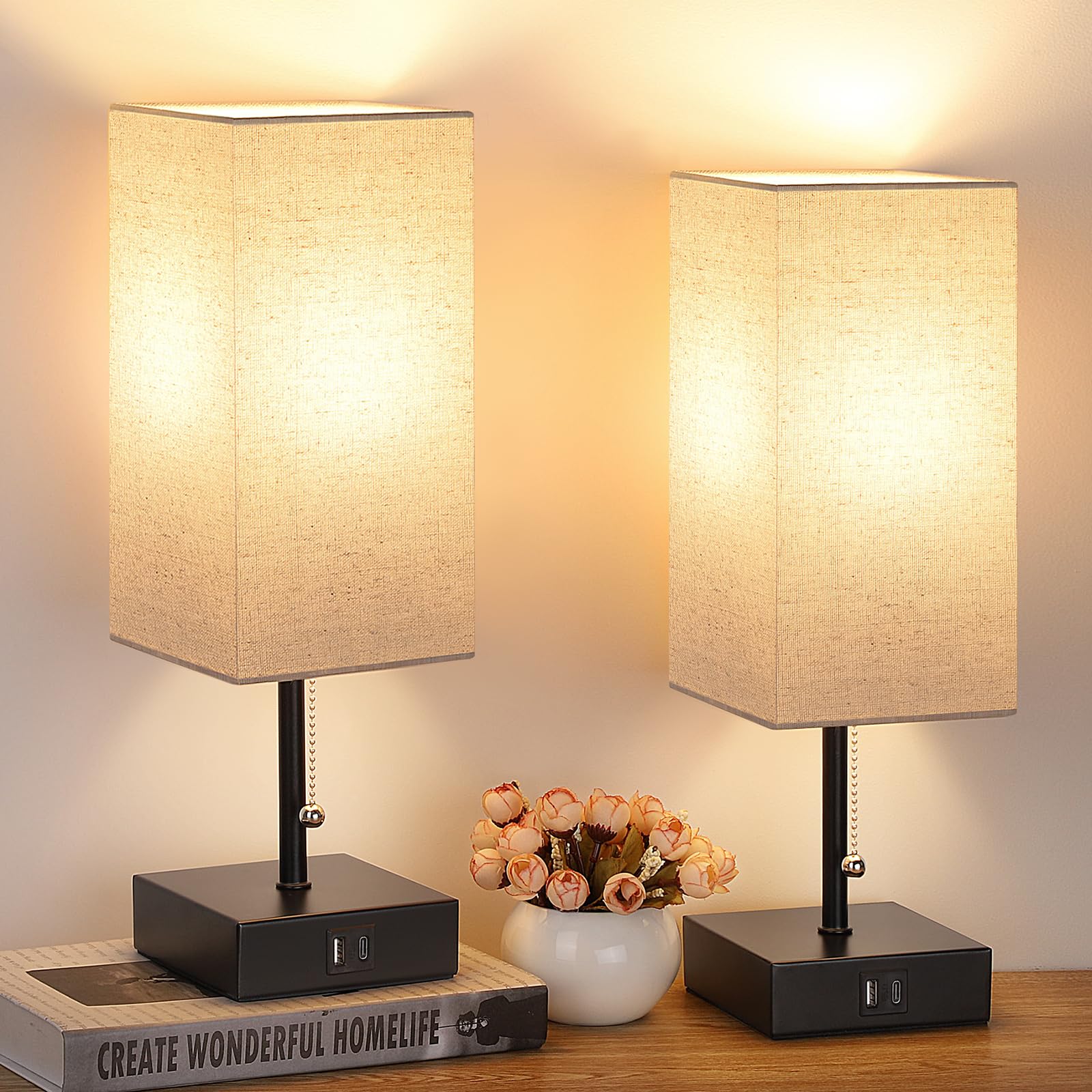 GGOYING Set of 2 Bedside Table Lamp, Pull Chain Table Lamp with USB C+A Charging Ports, 2700K LED Bulb, Fabric Linen Lampshade, 
