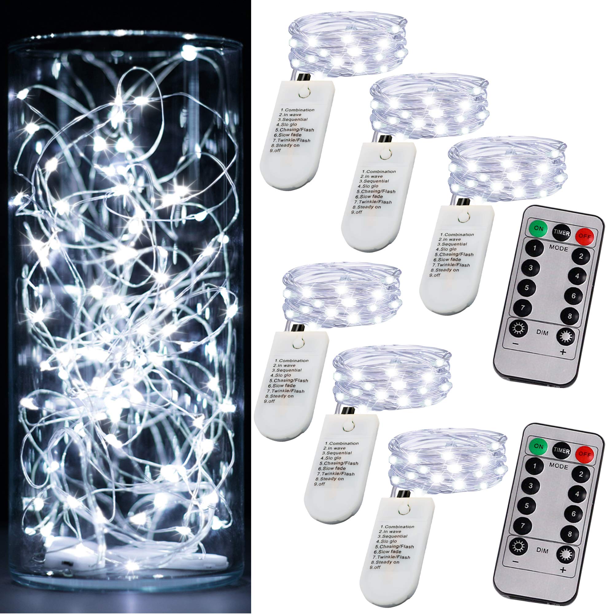 OakHaomie 6PCS Fairy String Lights, 20 LEDs, Cool White, 6.5ft Silver Wire, Battery Powered, Indoor/Outdoor Decor