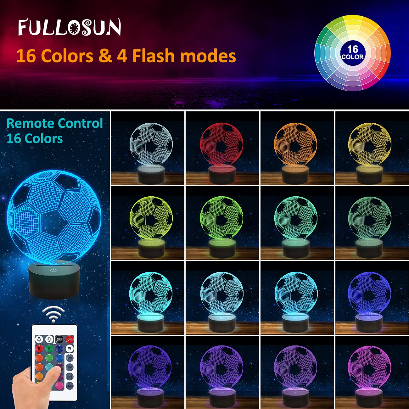 Fullosun Soccer 3D Optical Illusion Night Light With Remote, 16 Colors - Perfect Gift For Kids