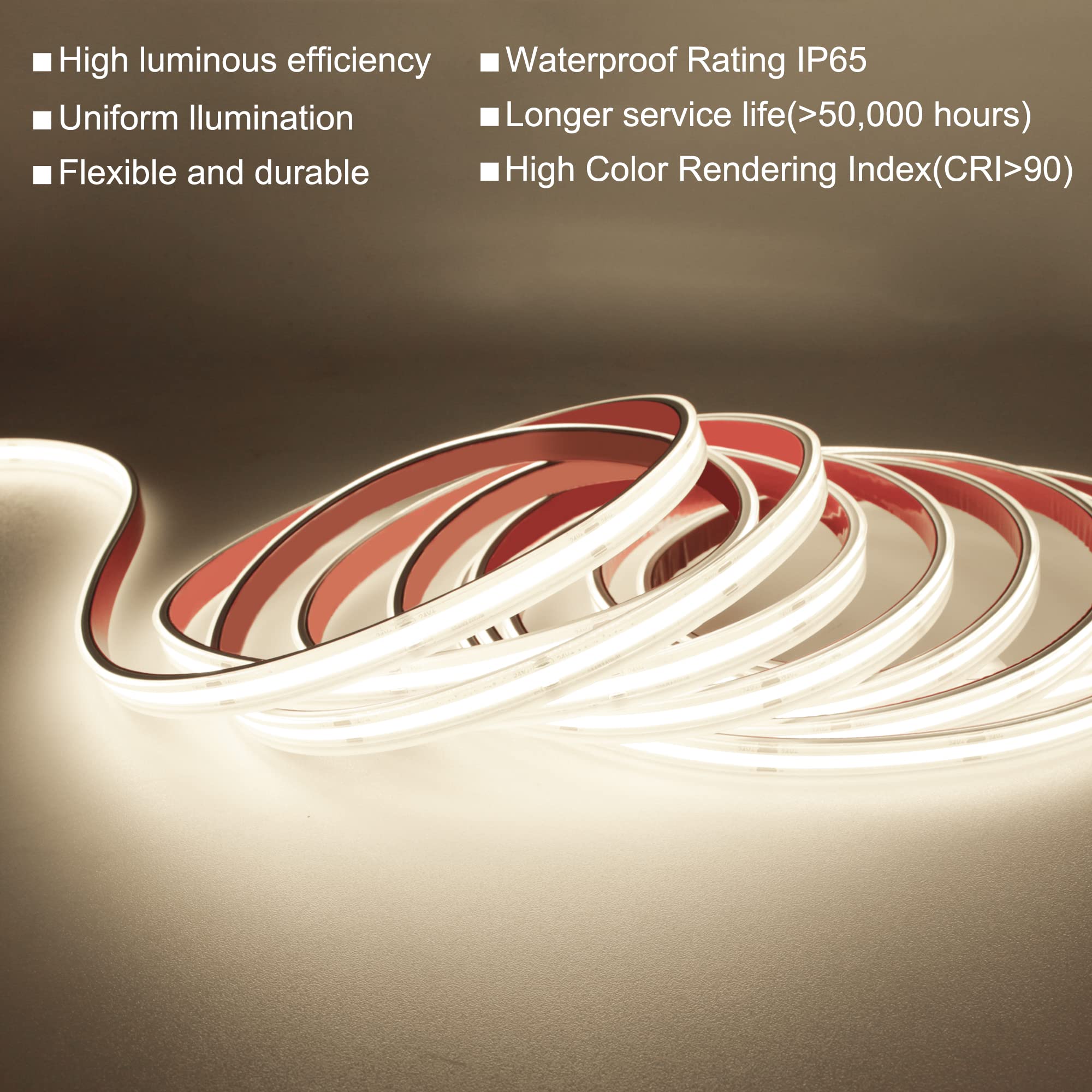 Pandery Cob Led Strip Lights,Natural White 4000K,Dc24V Ip67 Waterproof Led Strip,480Leds/M,16.4Ft/5M,8Mm Wide,Cri90+,Outdoor Cob