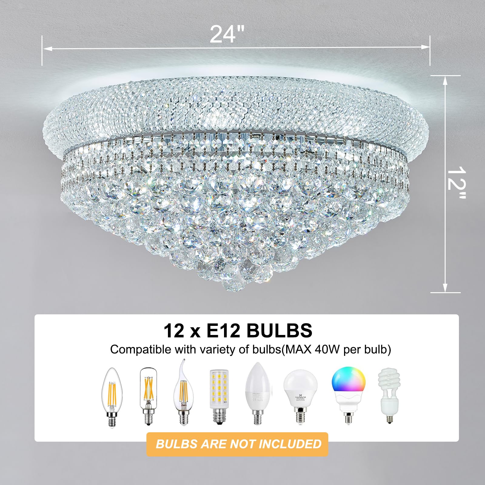 Homeooze 12 - Light Flush Mount Crystal Chandelier For Living Room Dining Room Entryway Hallway Bedroom Foyer Chrome Finish