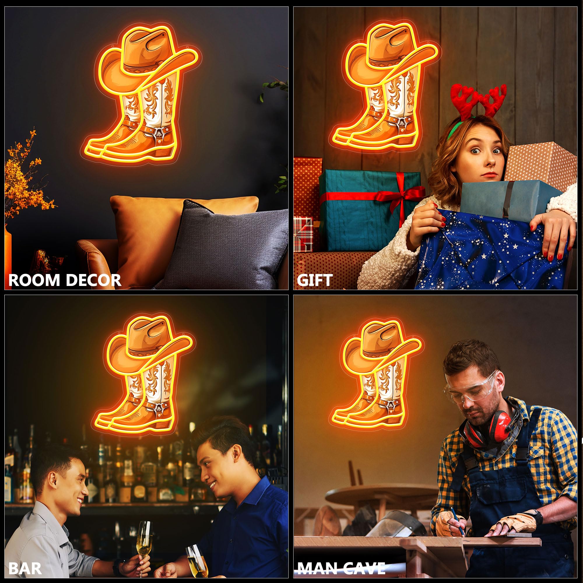 ZLOOREE Cowboy Boot Neon Wall Sign, Dimmerable LED Decor, 13x11 Inches, Golden Yellow, Silicone, Perfect for Game Room & Parties
