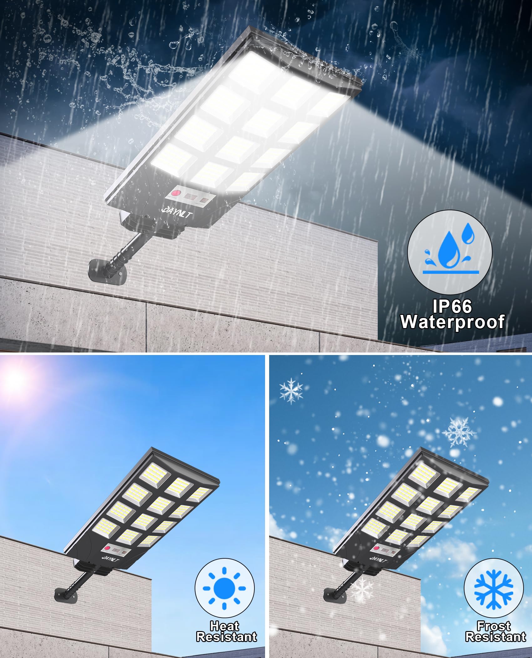 JAYNLT Solar Flood Security Light, 5 Lighting Modes, Motion Sensor, Dusk to Dawn, 6500K, 4-Pack, Black, Model Y-12T-4P