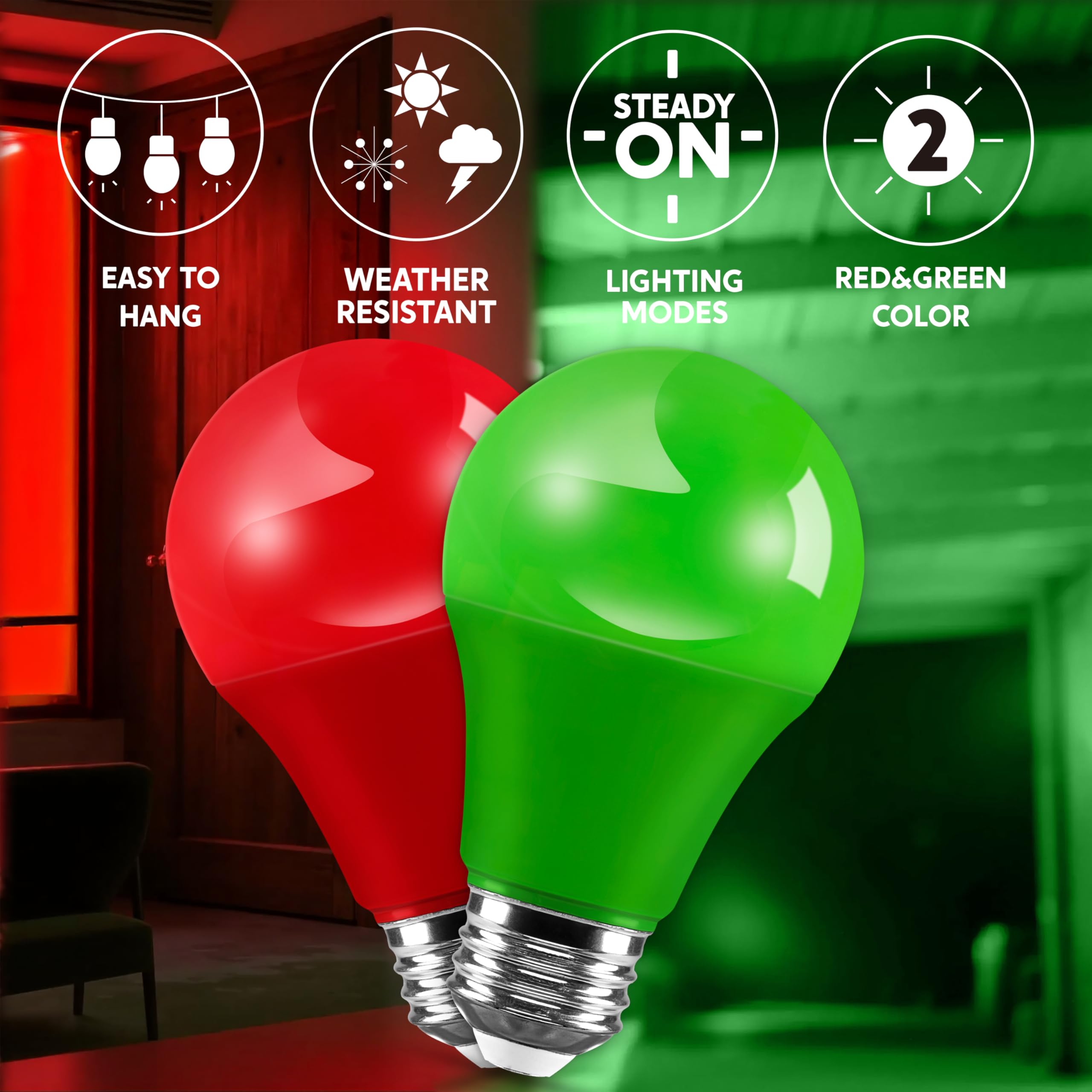 Joyin Red And Green Light Bulbs - 4 Pack Led A19 Christmas Light Bulbs  E26 Base 9W Red Green Lightbulb Party Holiday Lighting  Porch Garden Indoor Outdoor Christmas Decoration