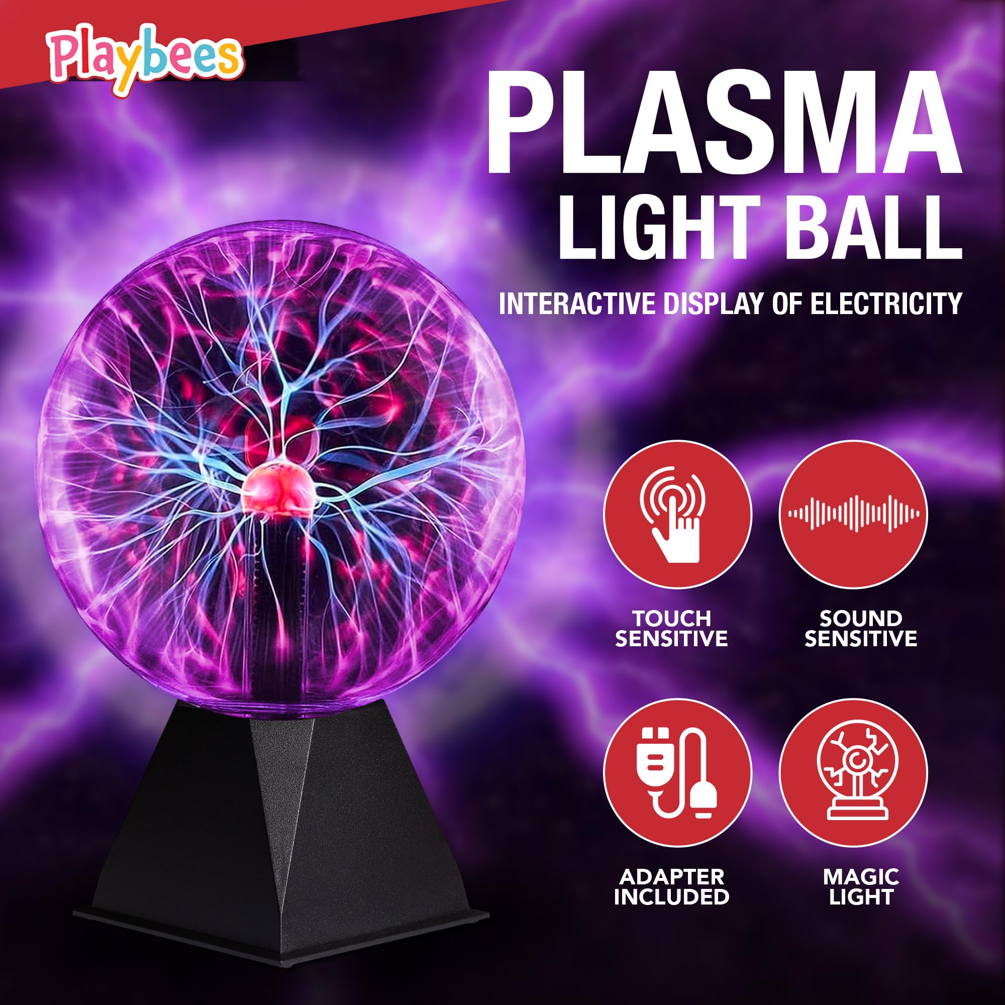 Playbees Colorful Plasma Ball - 7 Inch Glass Globe, Purple Tesla Coil Bulb with Static Electricity - Perfect for Parties & STEM Decor