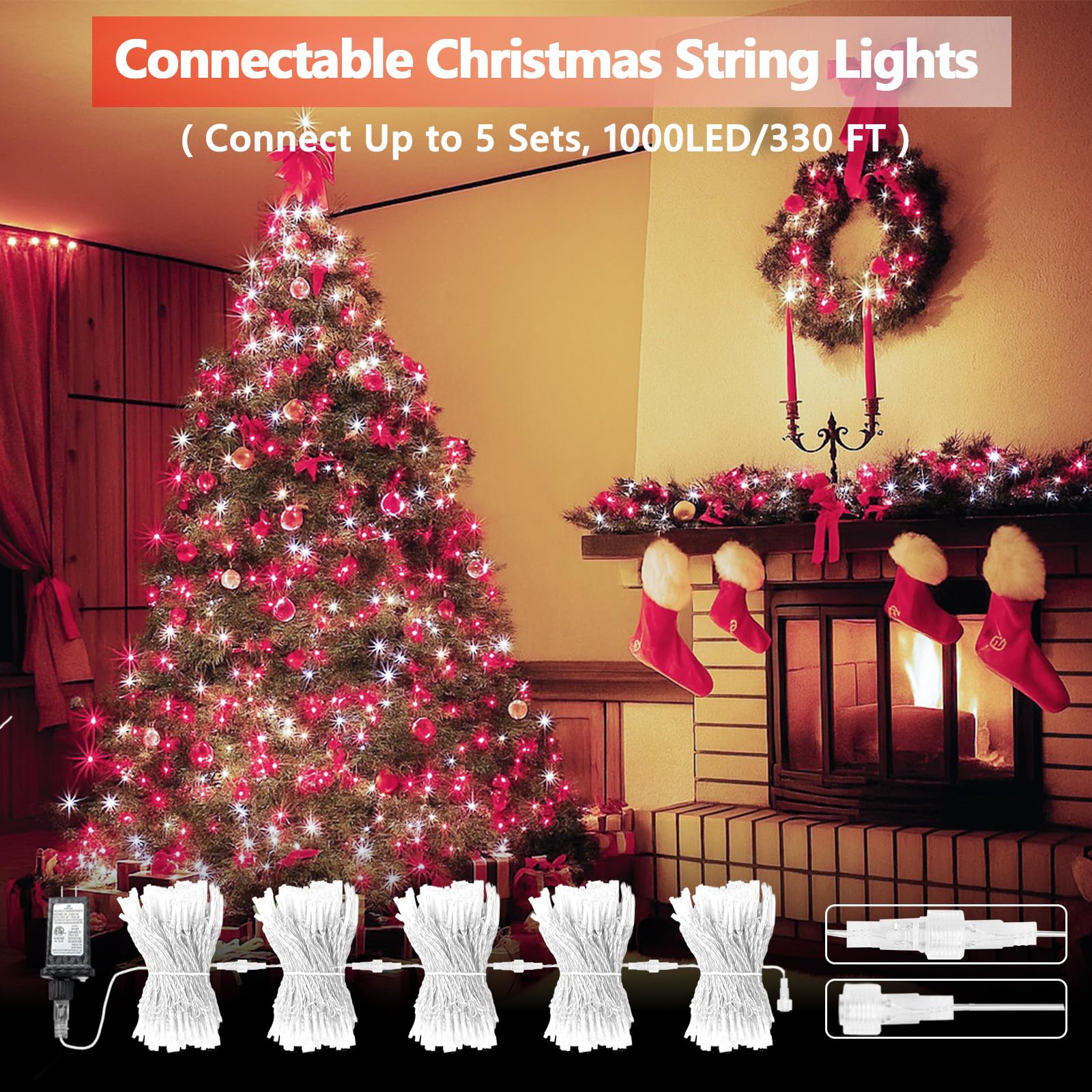 SANJICHA Extra-Long 200 LED String Lights, Waterproof Fairy Lights for Indoor/Outdoor Use, Red & White, Model MLS-D29V6WUC-O