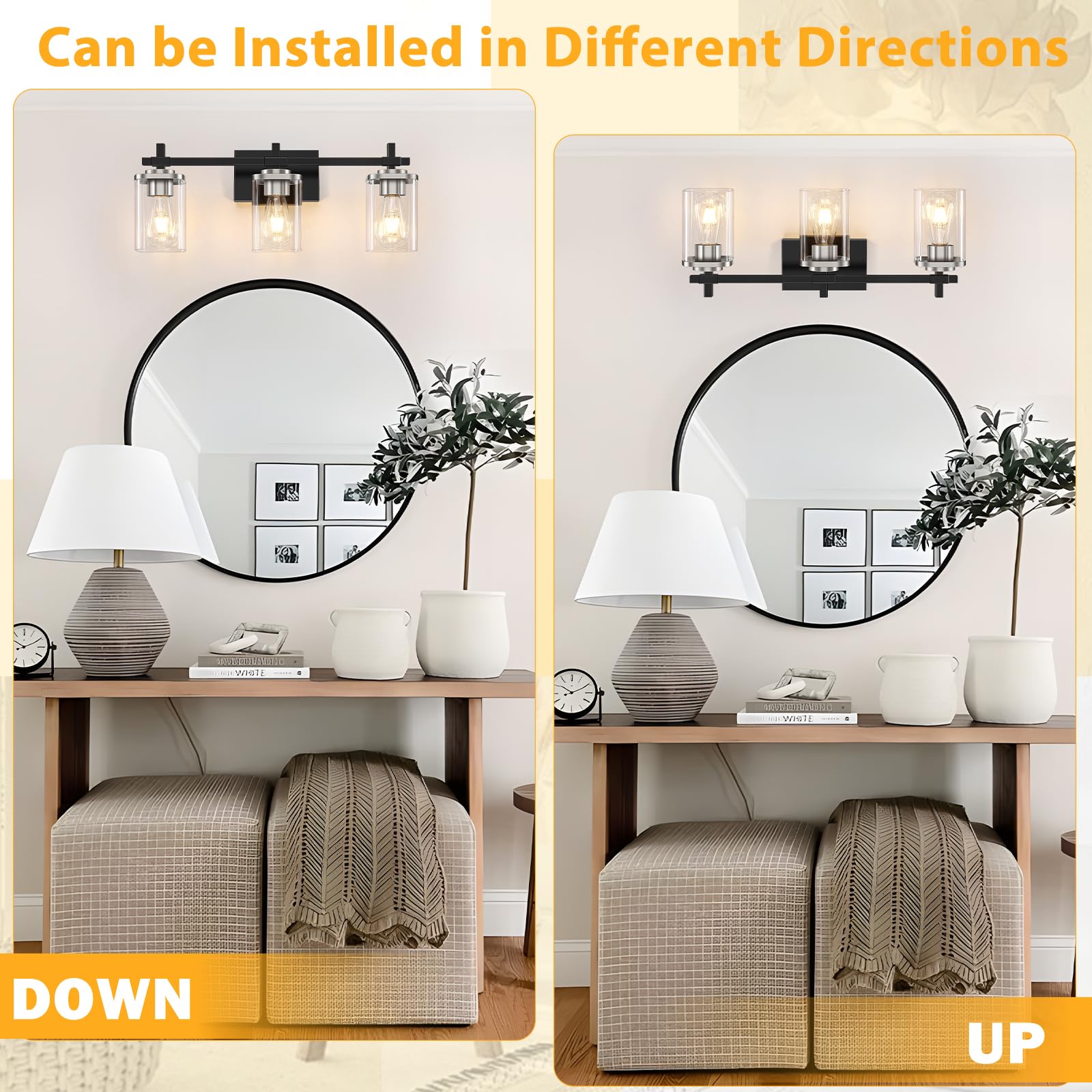 Spiglamm 3-Lights Black And Nickel Bathroom Light Fixtures, Modern Vanity Light With Clear Glass Shade, Over Mirror For Bedroom