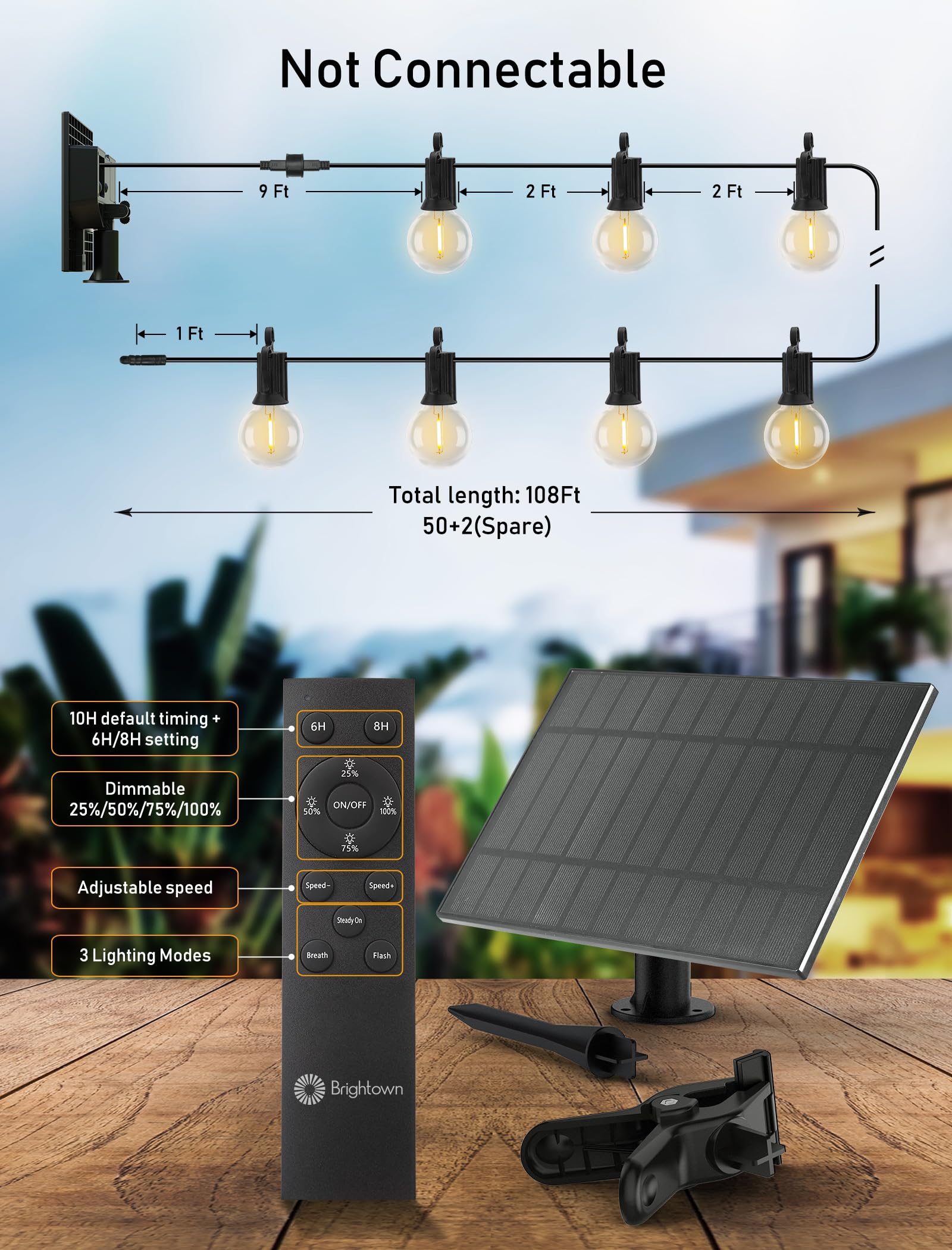 Brightown String Lights Outdoor Waterproof With Remote Cable Ties, 108Ft G40 Patio Lights With 50 Led Shatterproof E12 Bulbs, 3